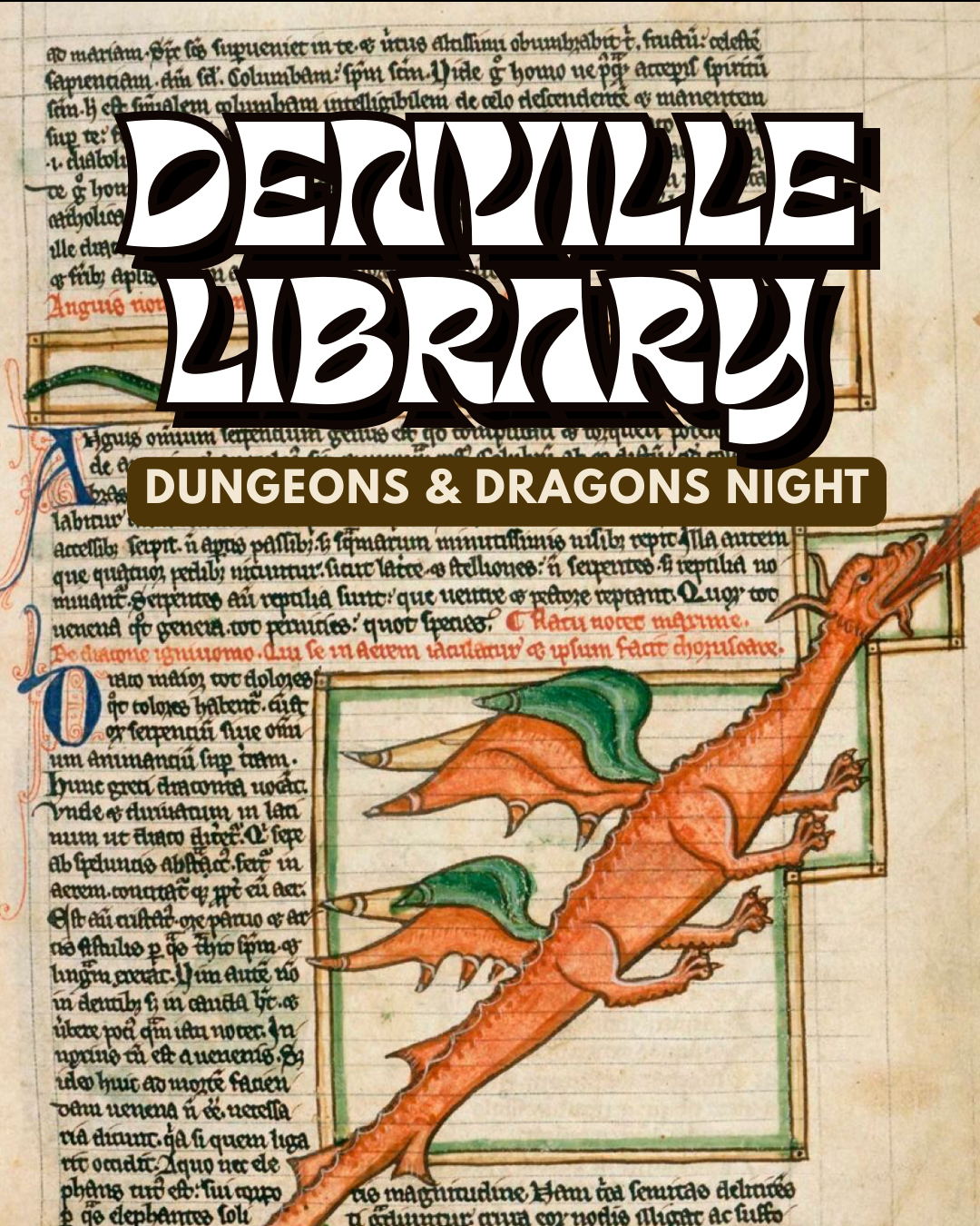 A vintage illustration of a large orange dragon with green wings on an old manuscript page, with the title 'Denville Library' and 'Dungeons & Dragons Night' overlayed in bold font.