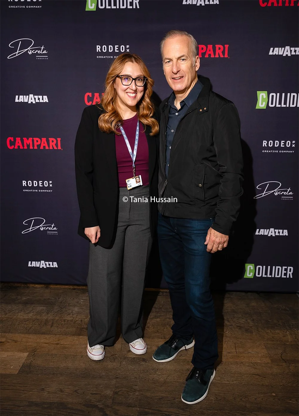 Tania Hussain pictured with actor Bob Odenkirk at the Collider Marbl Studio on Sept. 7, 2025 in Toronto, Ontario.