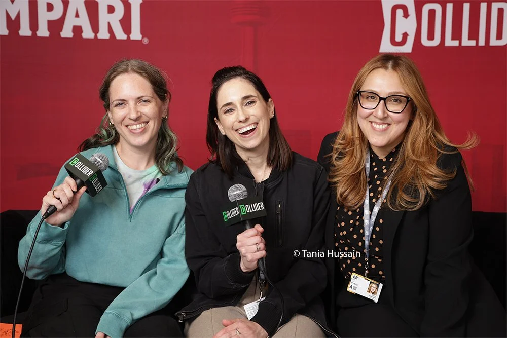 From left to right, Toronto-based photographer Caitlin Wickham, Collider's Senior Reporter, Perri Nemiroff and Collider's Executive Editor Tania Hussain pose for a snapshot at the Marbl Studio on Sept. 8, 2025 in Toronto, Ontario.