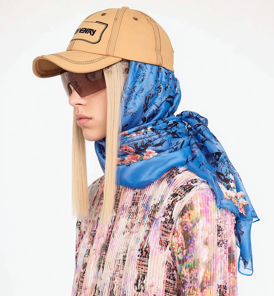 A woman wearing a beige cap, large brown sunglasses, a blue patterned scarf, and a multicolored abstract top.