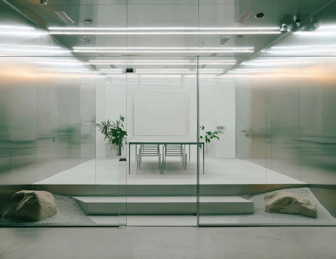 Modern conference room with glass walls, a table, chairs, potted plants, and large rocks outside the glass, with minimalistic design and lighting.
