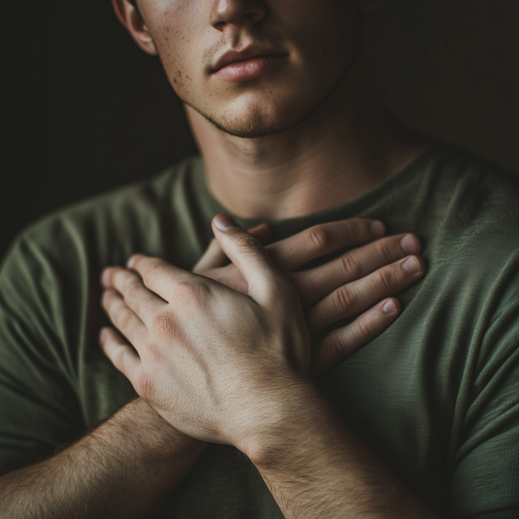 A man with his arms crossed in a butterfly hug over his chest, symbolizing bilateral stimulation used in EMDR processing.