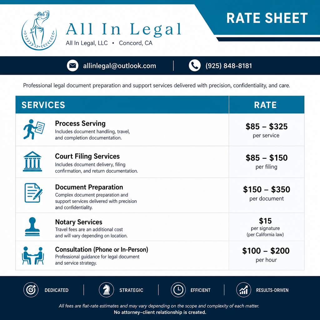 Rate sheet for All In Legal, LLC, headquartered in Concord, California. Includes the company's logo, contact email, and phone number. Service menu: Process Serving, Court Filing Services, Document Preparation, Notary Services, and Consultation with pricing details for each service. Branding icons and a disclaimer about fee estimates and no attorney-client relationship.