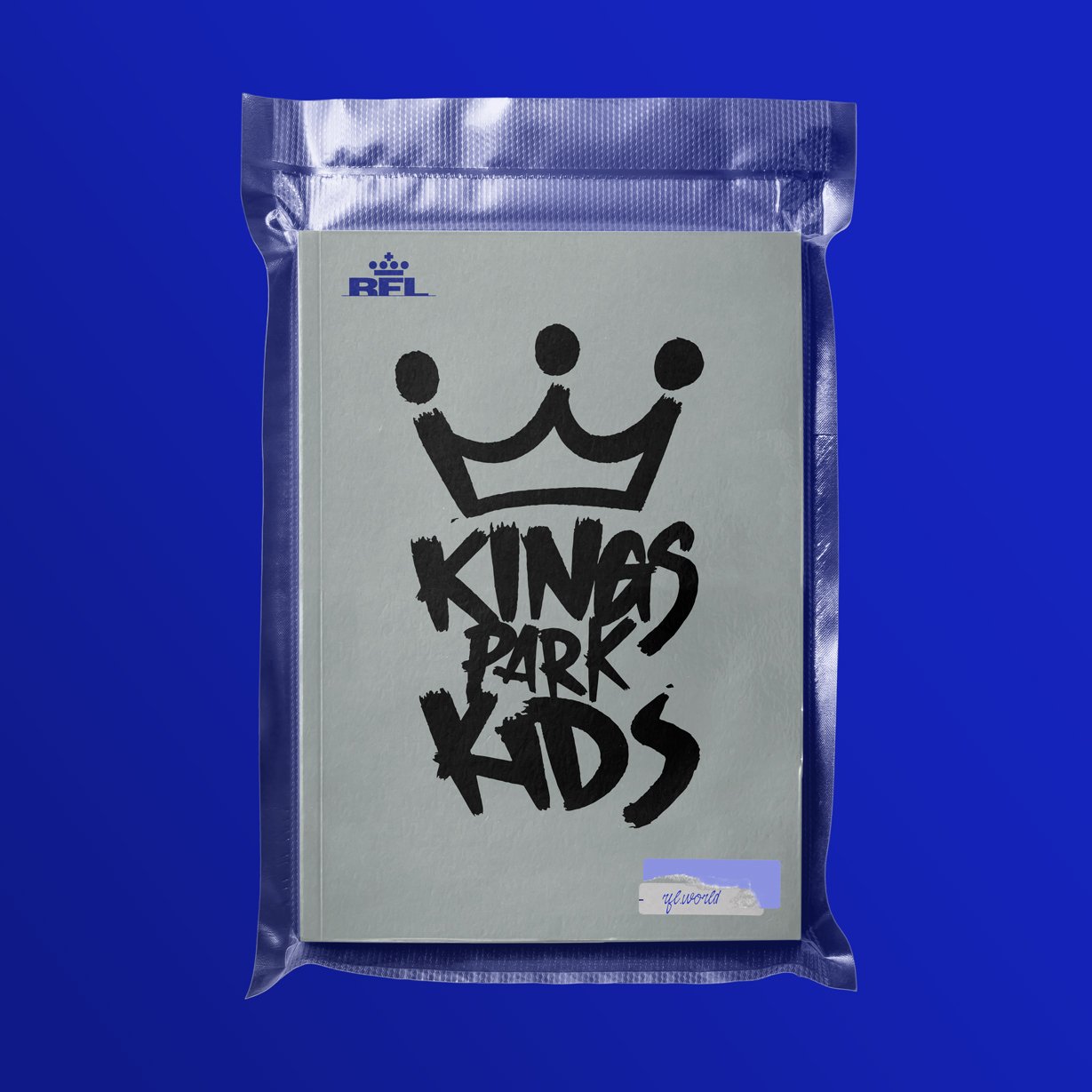 Gray package with black text 'Kings Park Kids' and a crown graphic, inside a clear plastic bag, on a blue background.