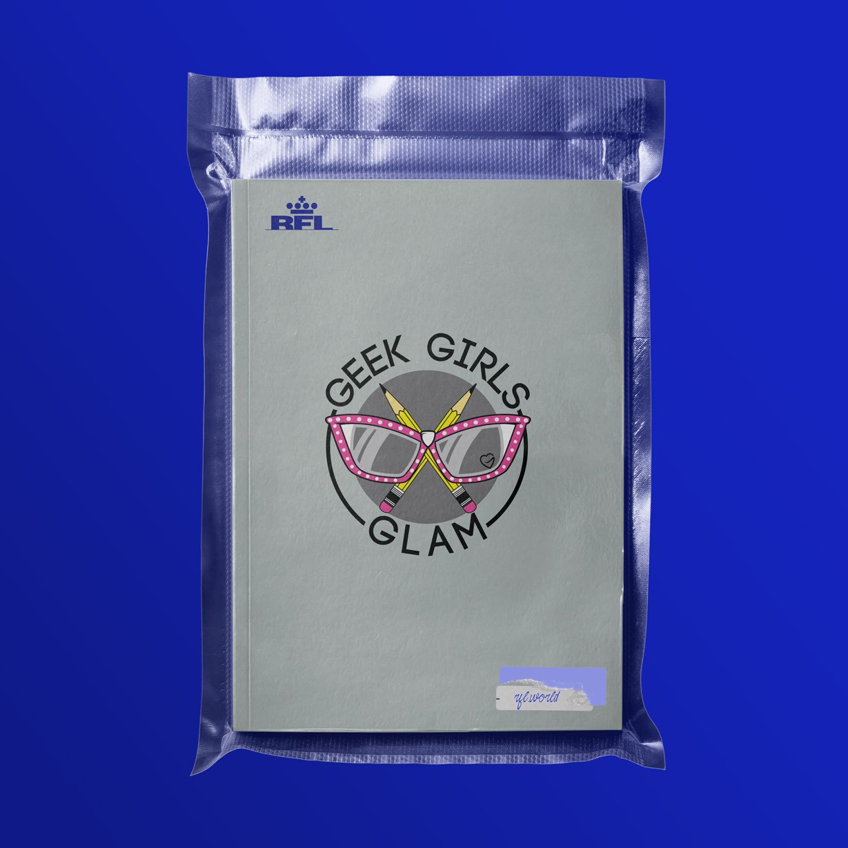 Gray notebook in a clear plastic bag with "Geek Girls Glam" logo featuring pink glasses and crossed pencils, on a blue background.