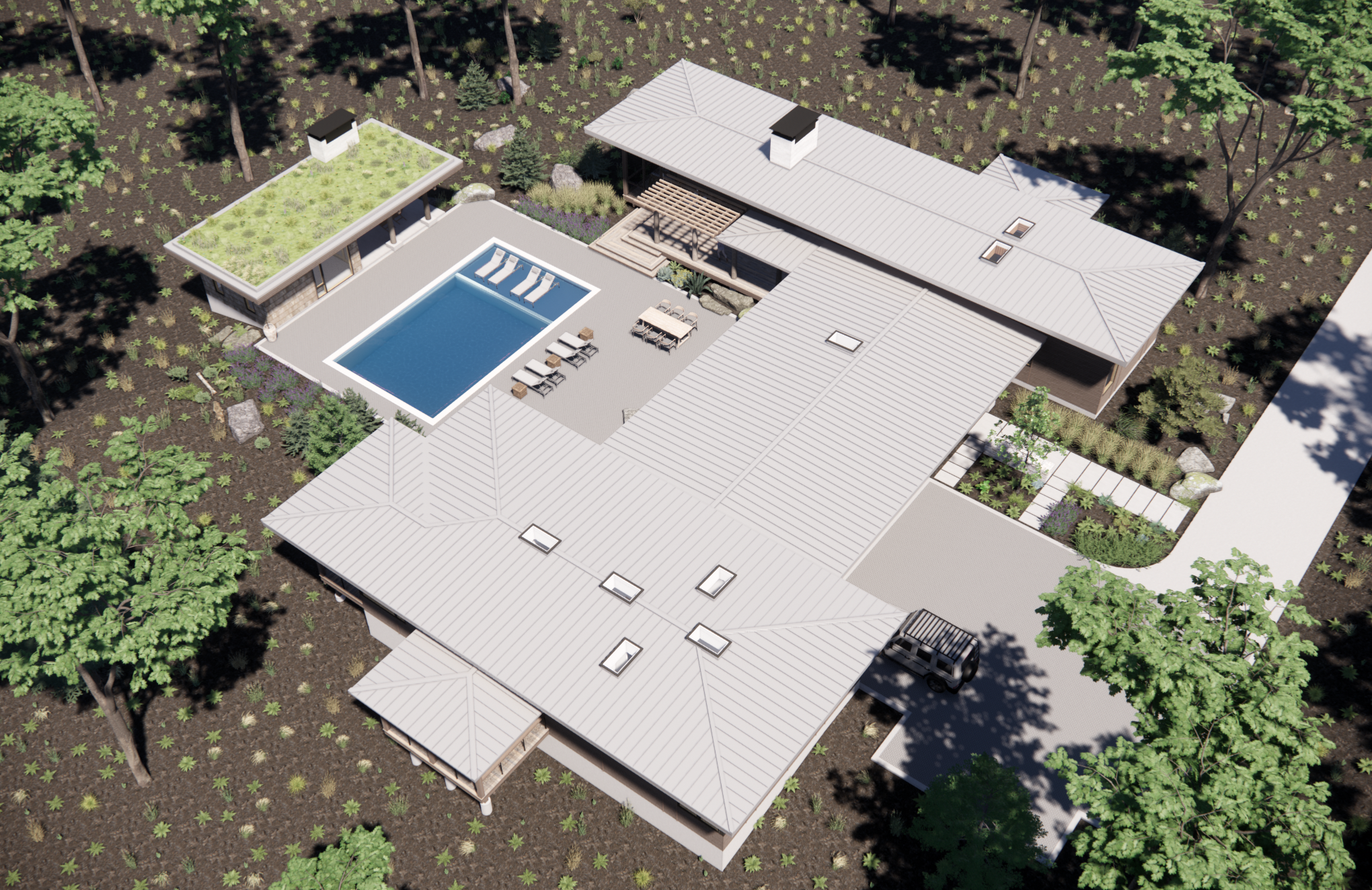 Aerial view of a modern house with a backyard featuring a swimming pool, outdoor lounge chairs, a dining table, and a small outbuilding, surrounded by trees and landscaped garden.