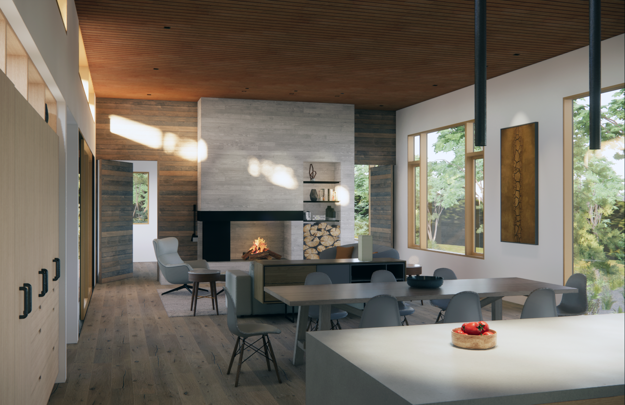Interior of a modern living and dining area with wood floors, large windows, a fireplace, and contemporary furniture.