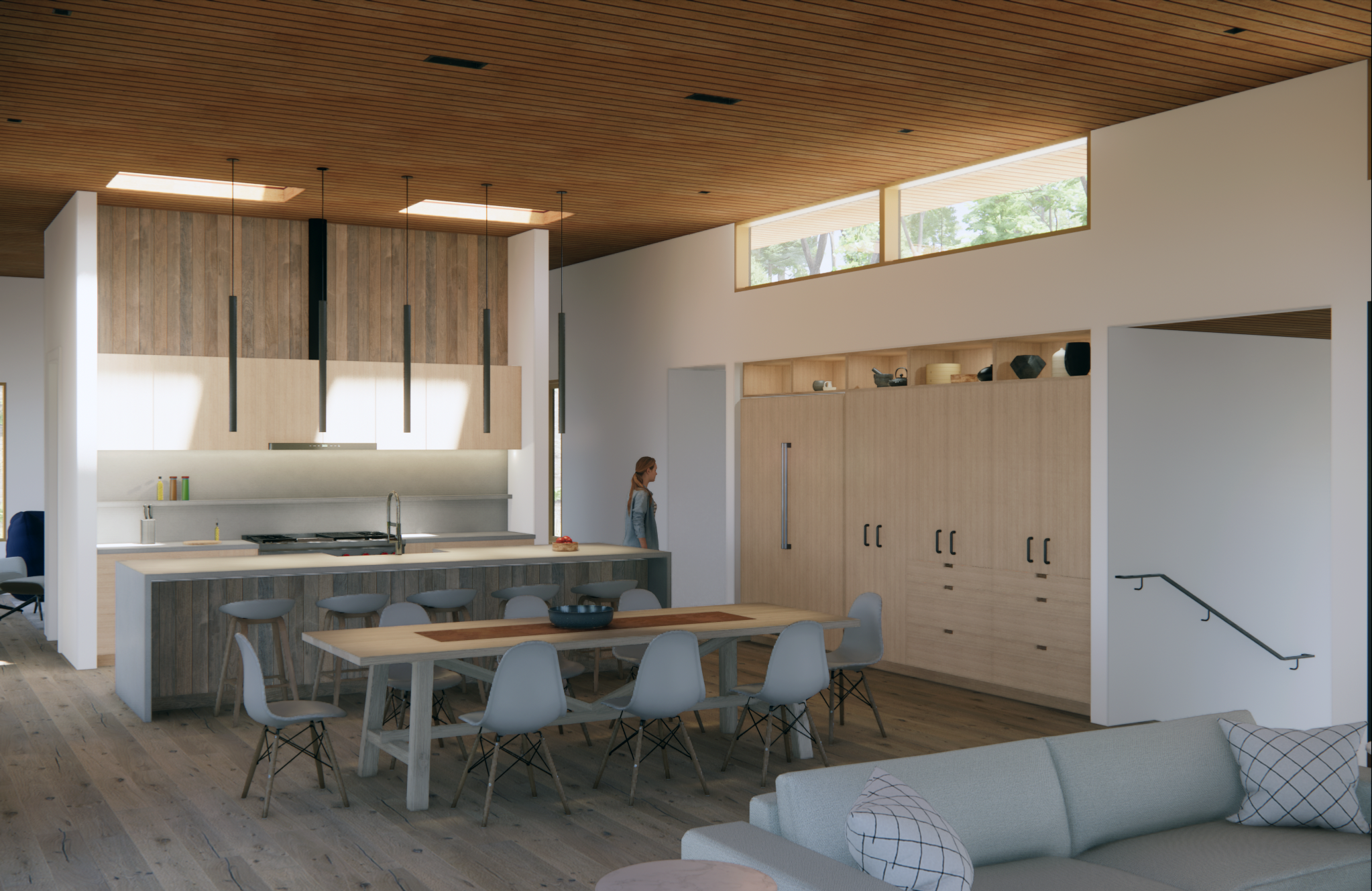 Modern open-concept kitchen and dining area with wooden accents, a large dining table with chairs, a kitchen island, and bright natural lighting from high windows.