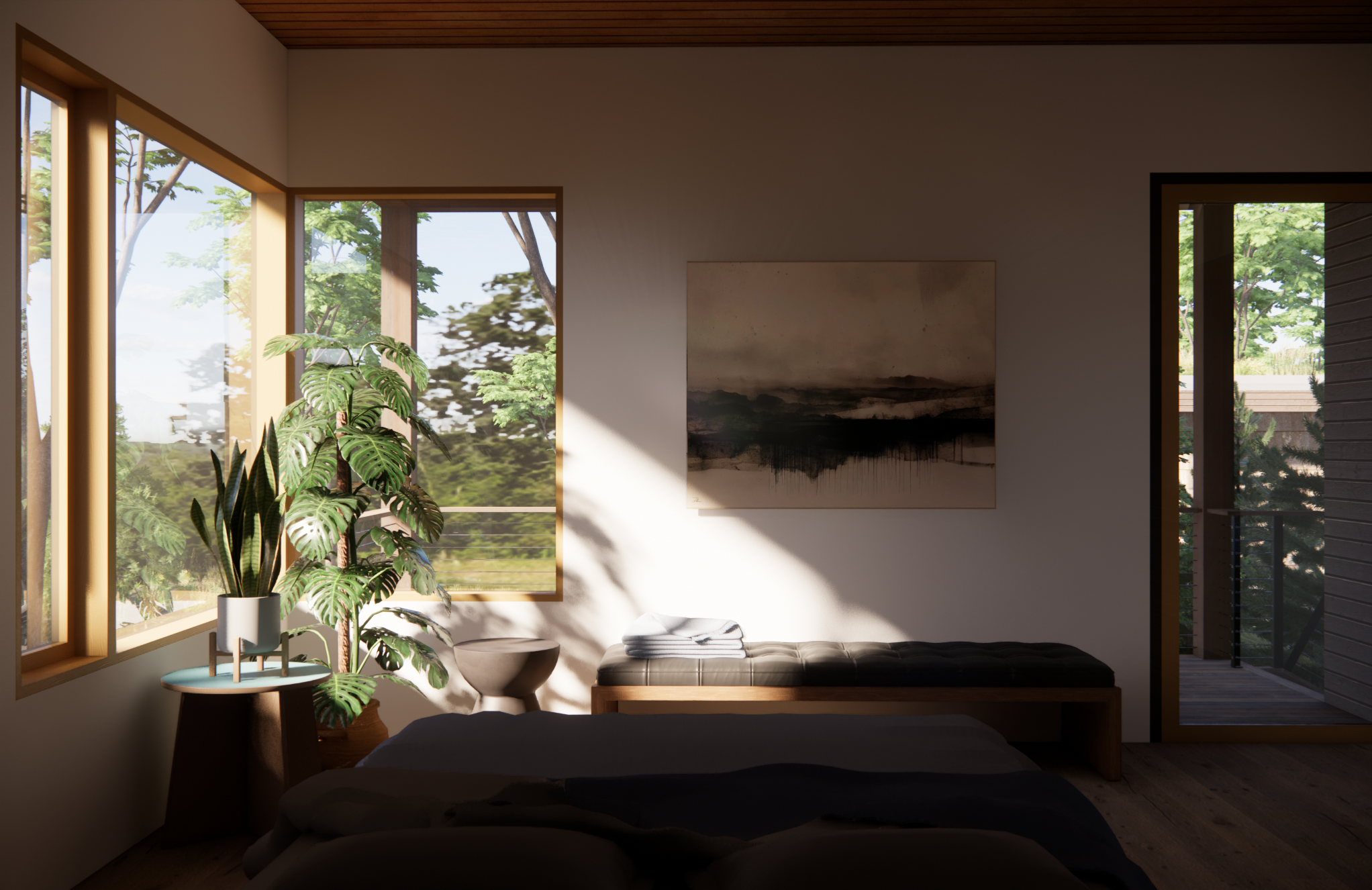 Sunlight streaming into a modern bedroom with large windows, a potted plant, a nightstand, a bench with folded towels, and wall art, overlooking trees outside.