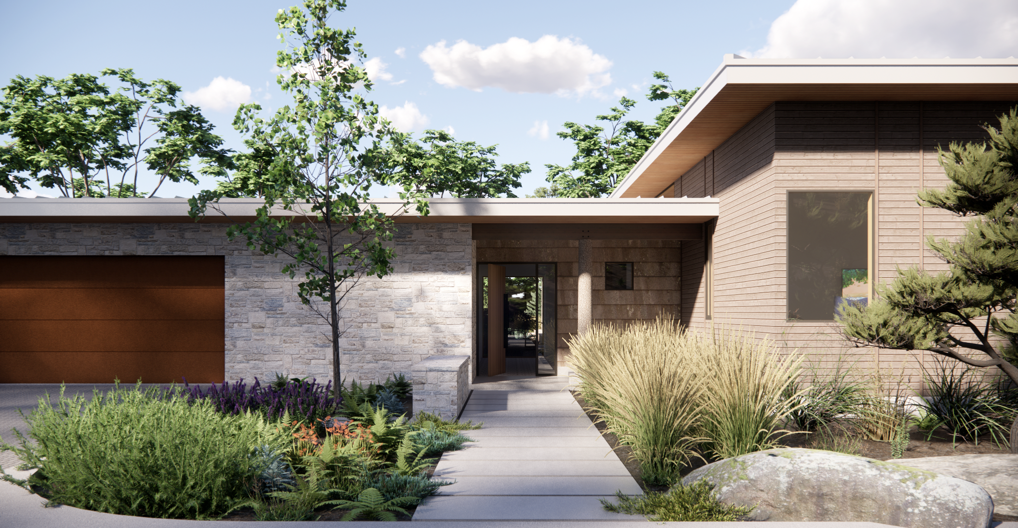 Modern house with stone and wooden exterior, landscaped front yard with various plants, trees, and rocks, entrance pathway, glass door, and large windows, under a partly cloudy sky.