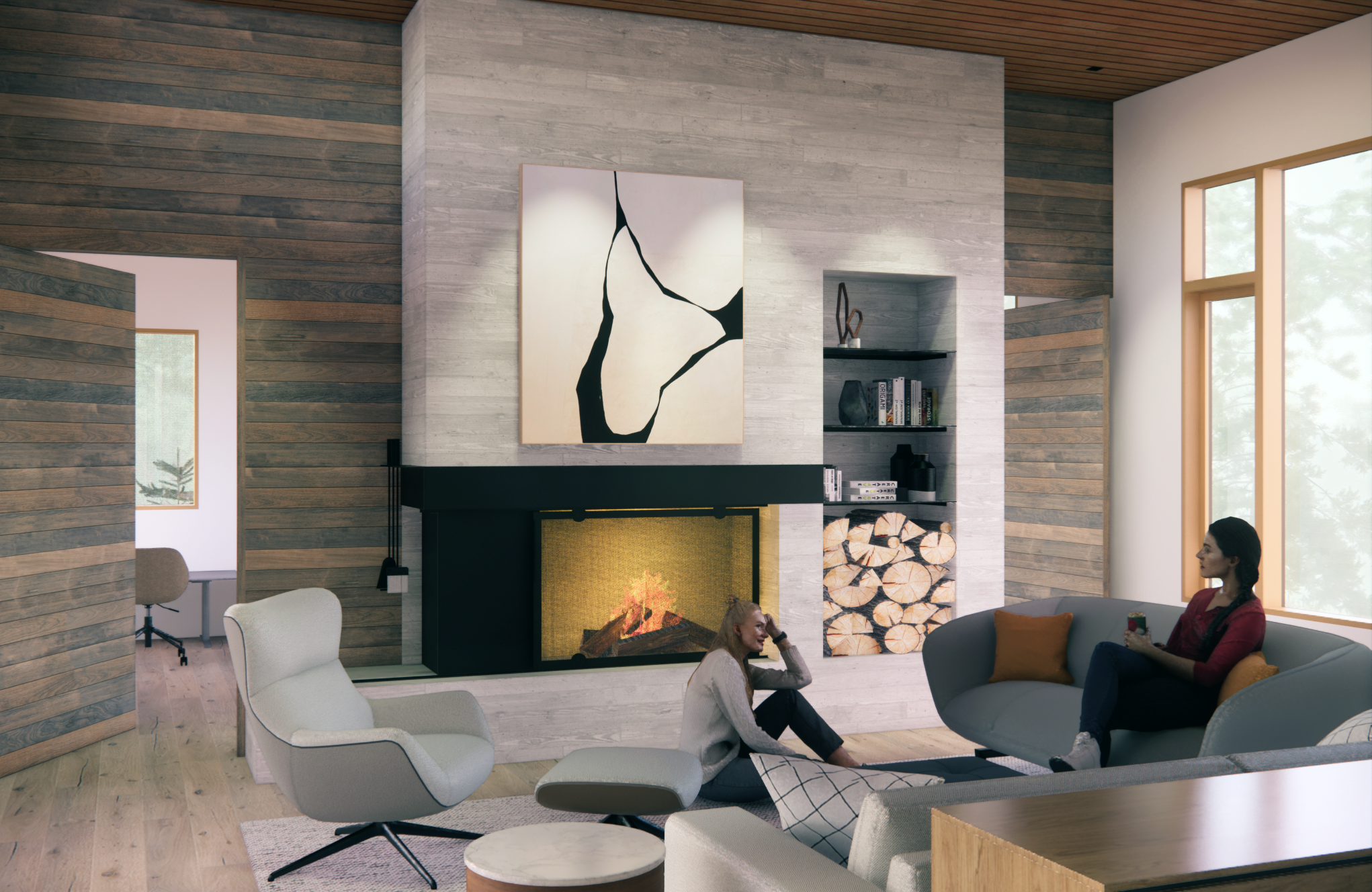 Modern living room with a white brick accent wall, a fireplace, abstract artwork, built-in shelves with books and decor, a wood log storage, large windows, two women sitting on a sofa and an accent chair, one woman talking on the phone and the other using her phone.