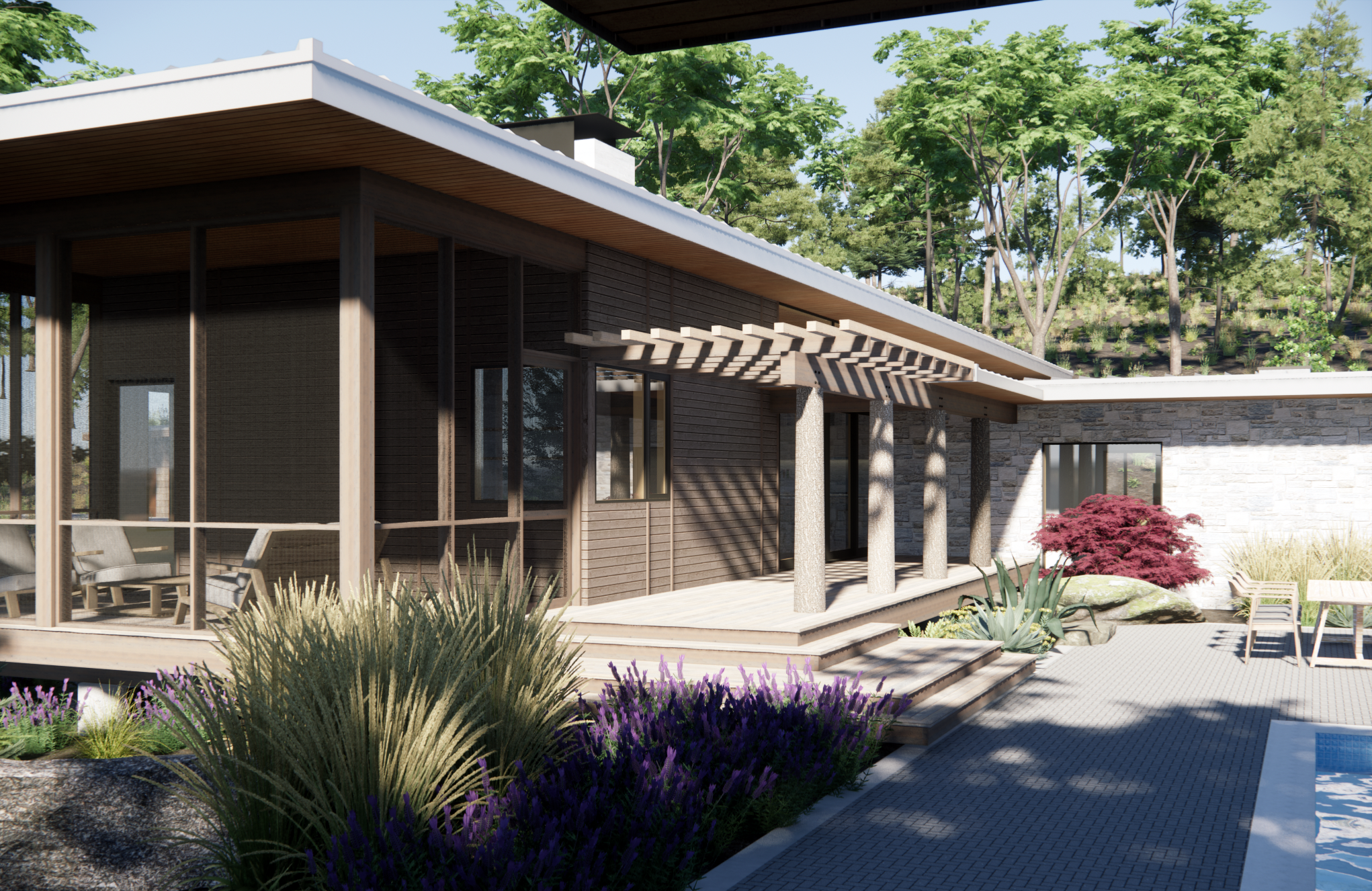 Modern house with a wooden exterior, surrounded by landscaped garden with purple and red plants, and trees in the background.