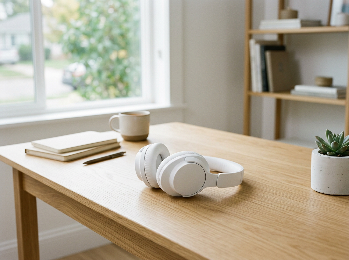 Woman wearing headphones and holding tea looking out her window
