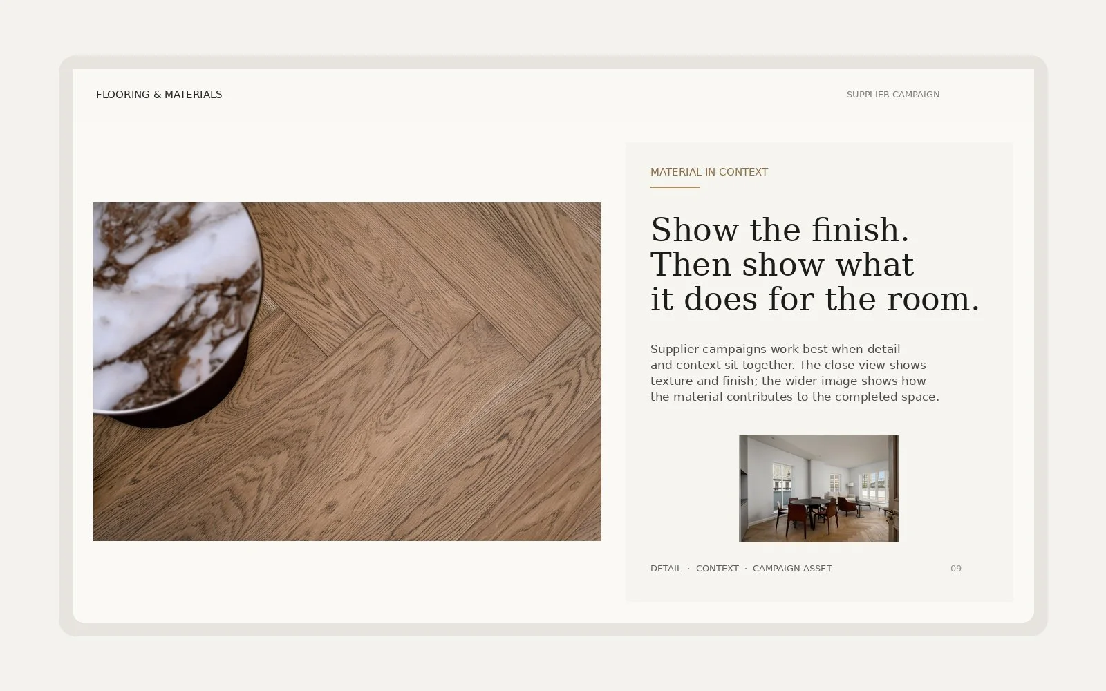 Flooring and materials campaign mockup combining a close-up of herringbone timber flooring with professional photography of the finished interior.