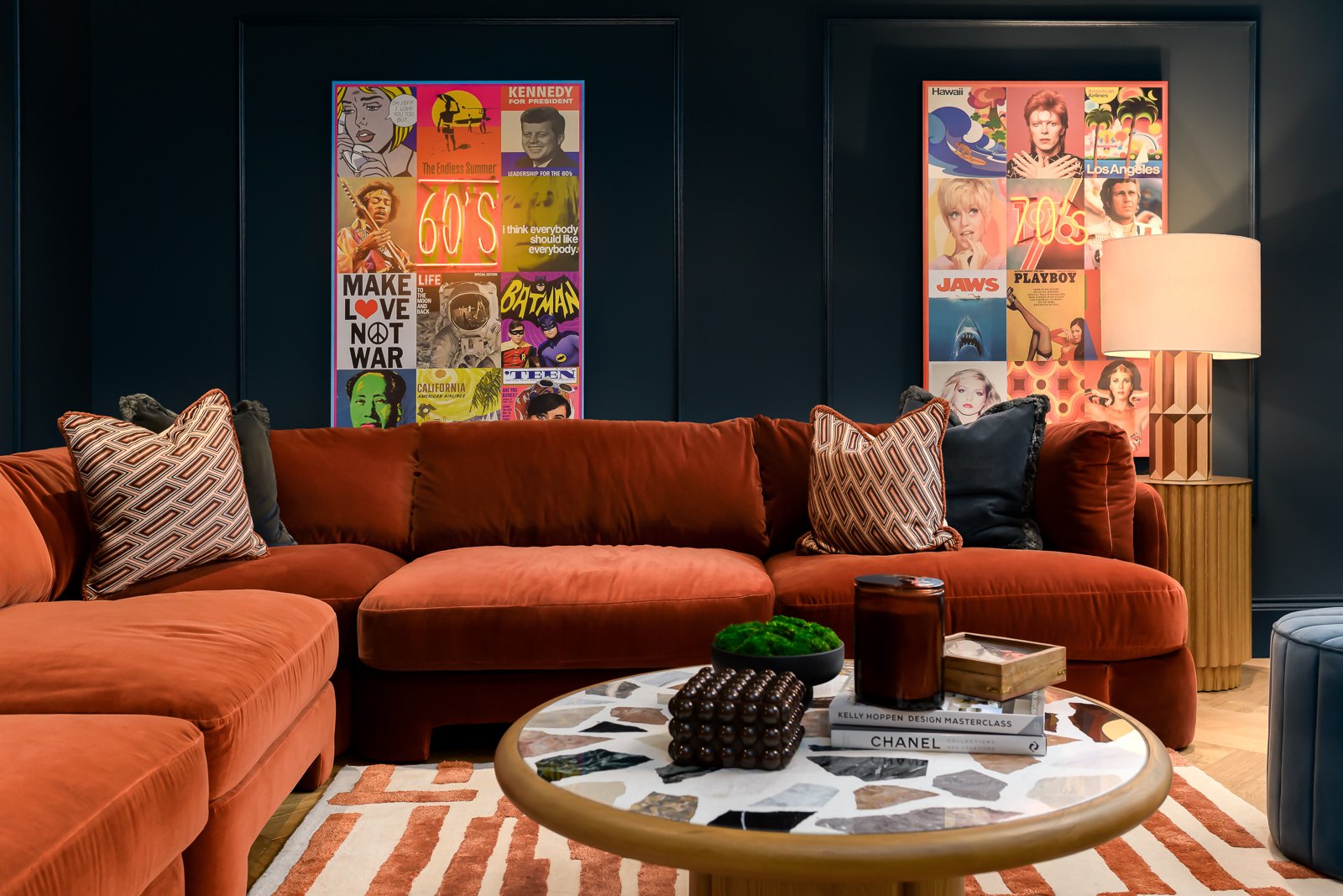 Dark lounge interior at Newlands by Rebecca Sudic Interiors, photographed to show colour, atmosphere, furniture, lighting and lived-in detail.