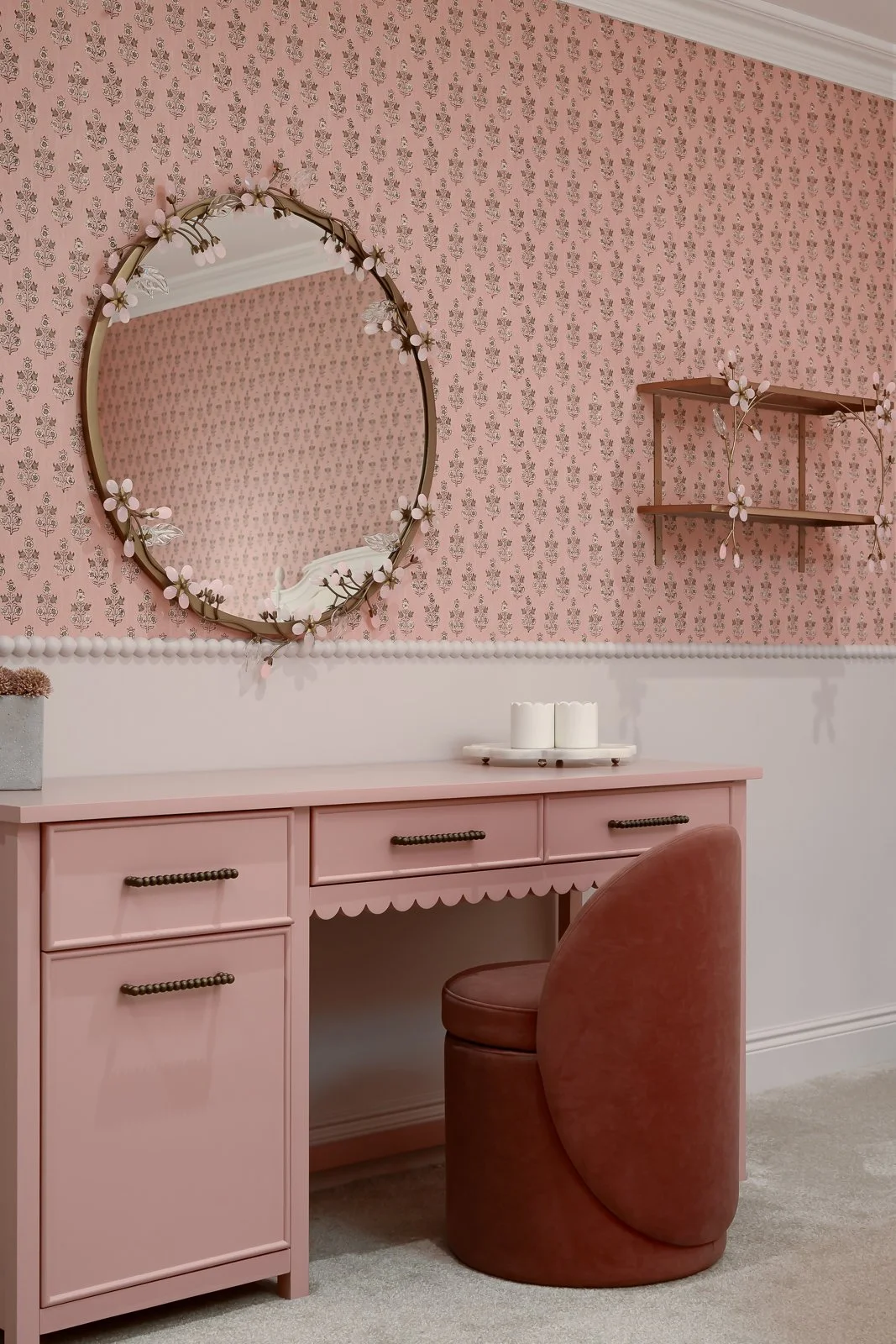 Bedroom detail at Newlands by Rebecca Sudic Interiors, showing soft colour, styling and fitted furniture within the completed family home.