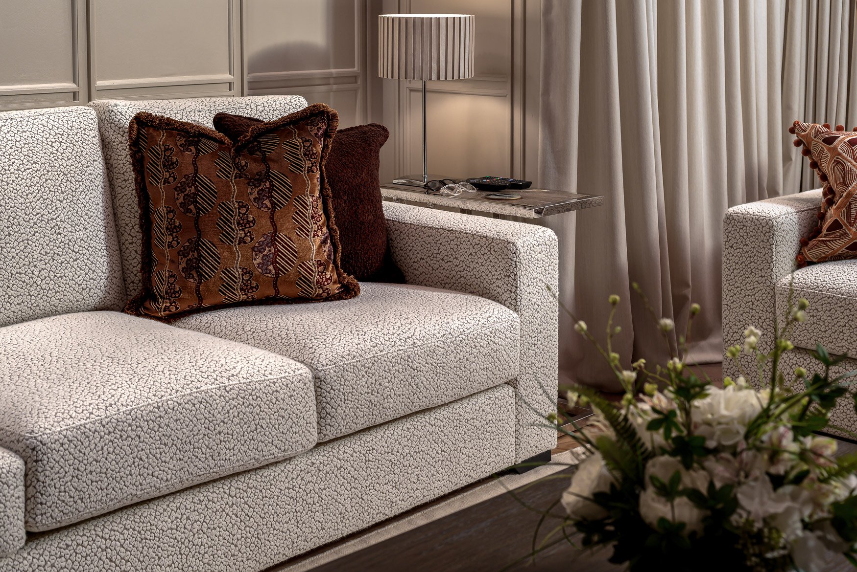 Full home interior design project in Barnet photographed for JAM Design Works. Details of sofa, showing material and style