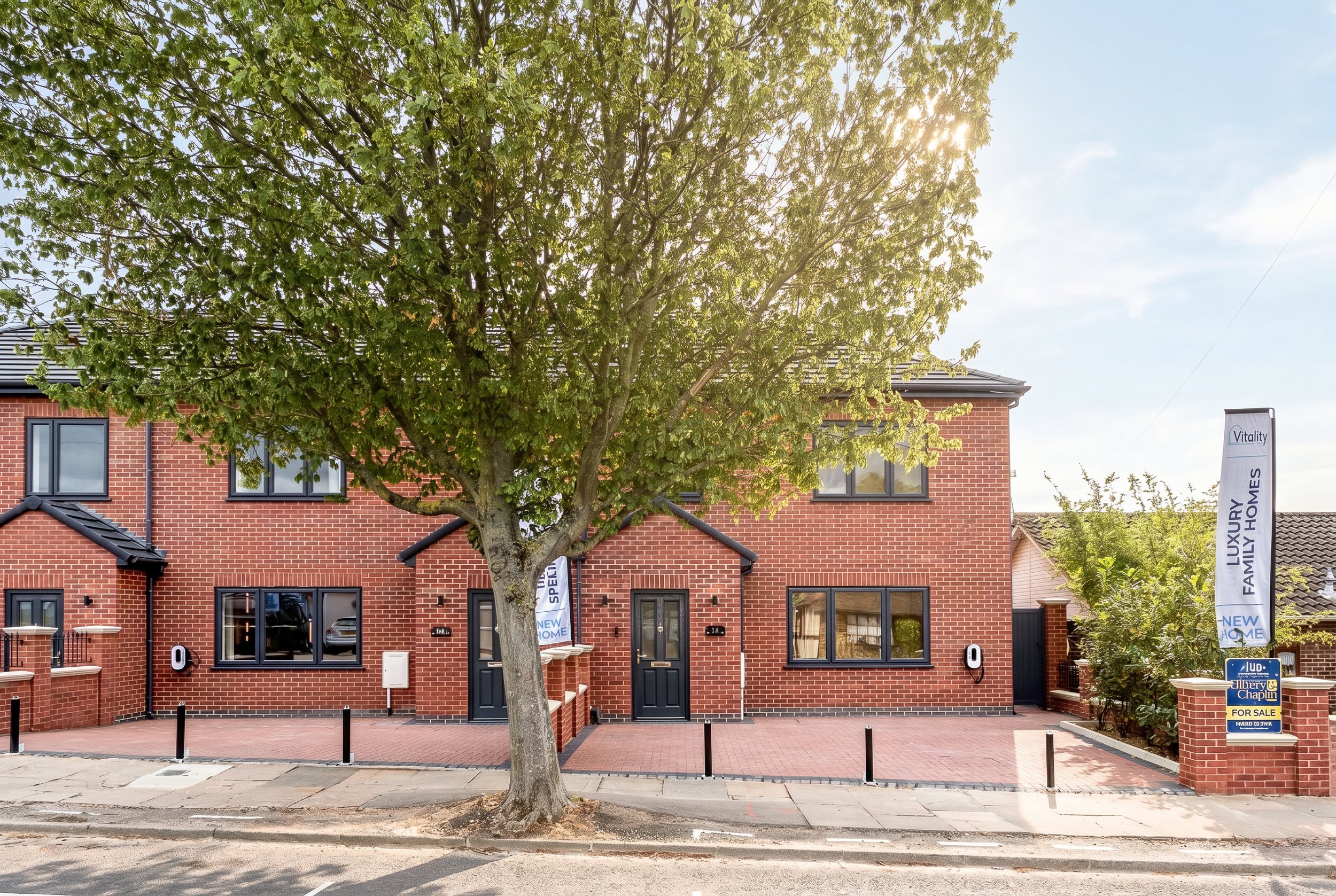 Sunny day, exterior building front of it showing doors. foreground big leafy tree