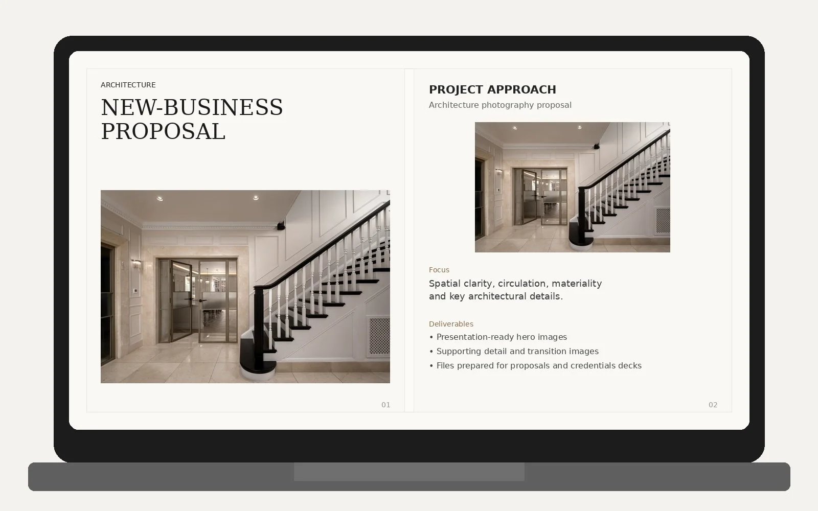 Architecture new-business proposal mockup featuring professional interior photography of a staircase, hallway and architectural detailing.