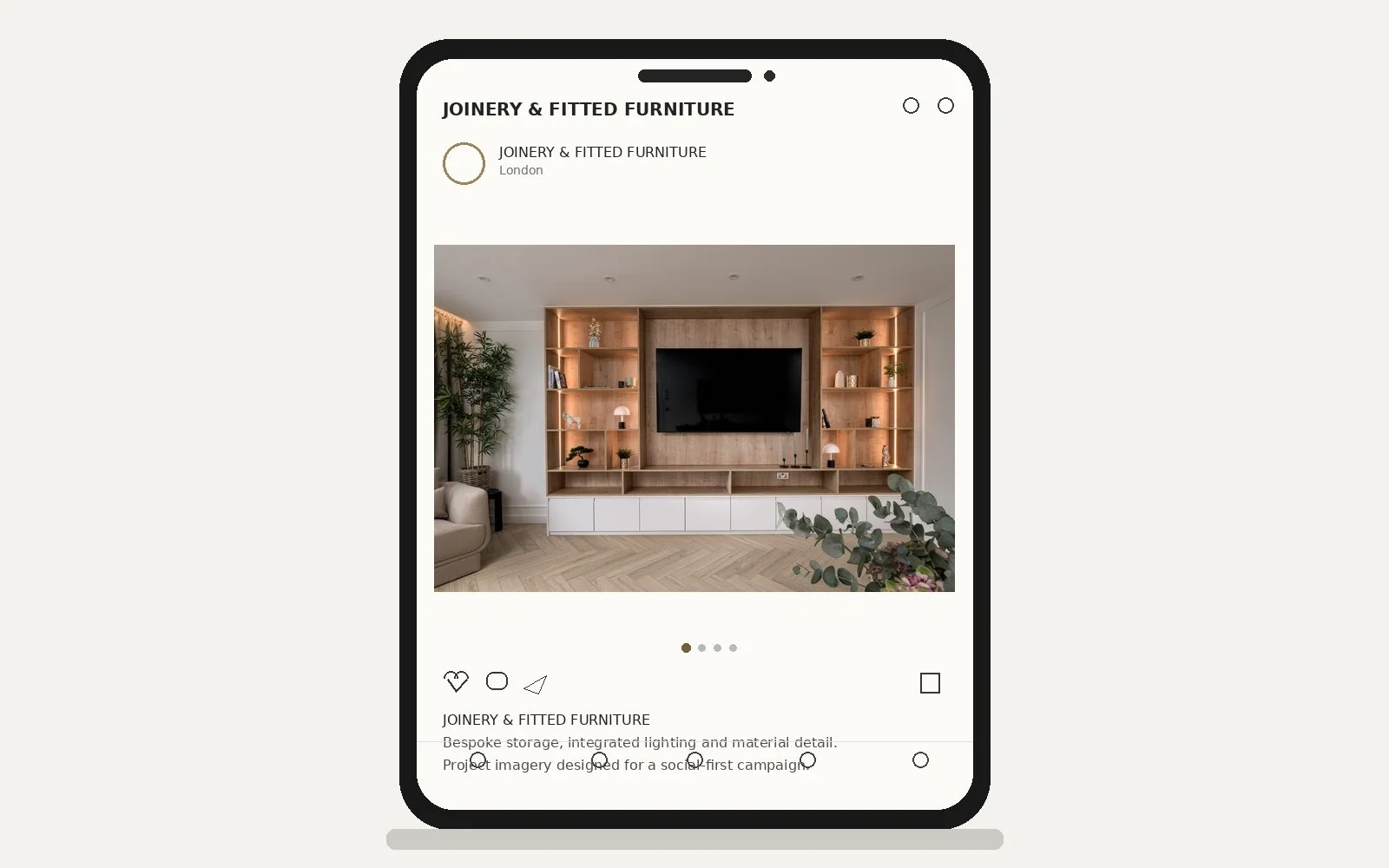 Social media post mockup featuring professional photography of bespoke fitted joinery and an illuminated built-in media wall.