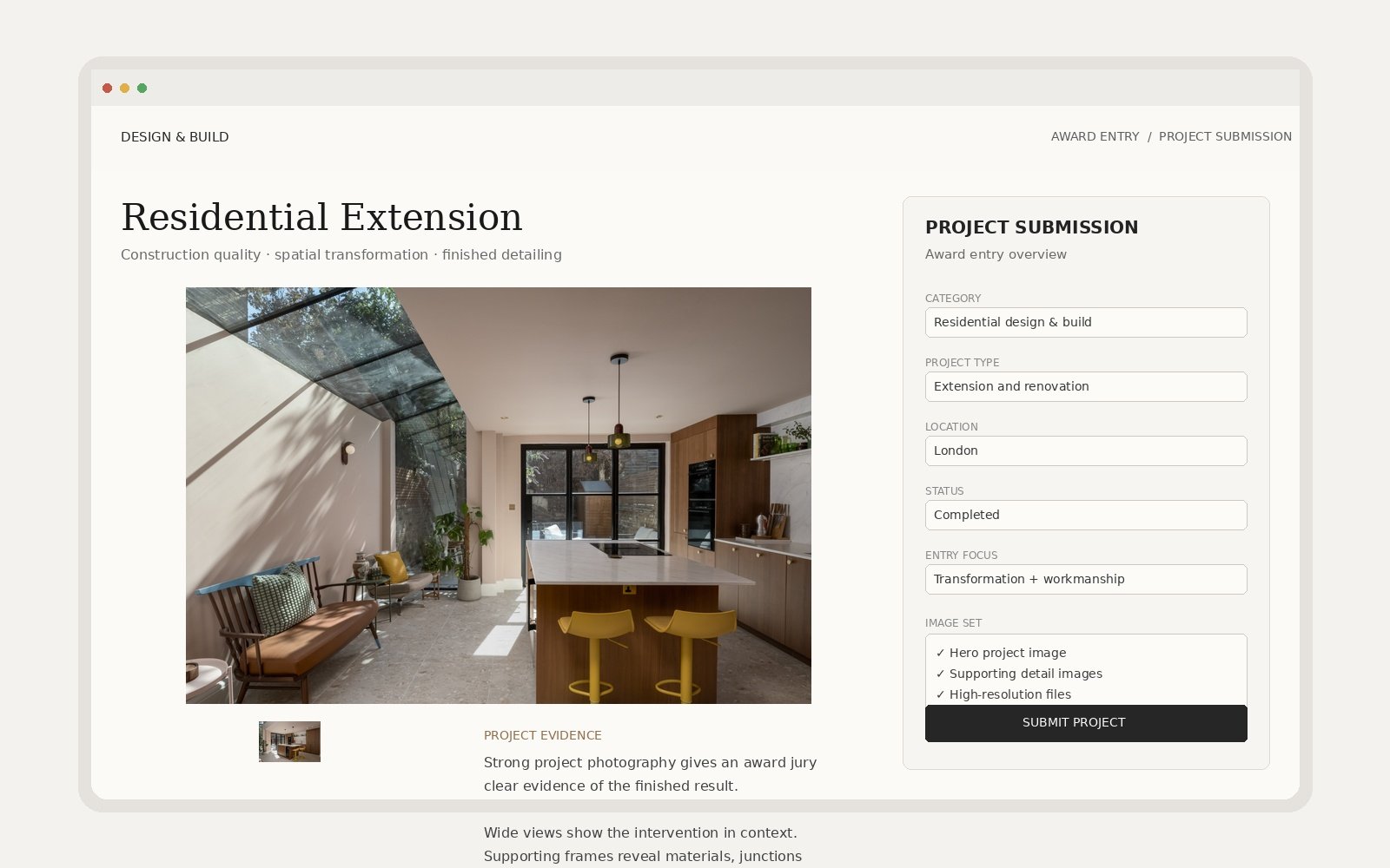 Design and build award submission mockup using professional photographs of a completed London residential extension and kitchen project.