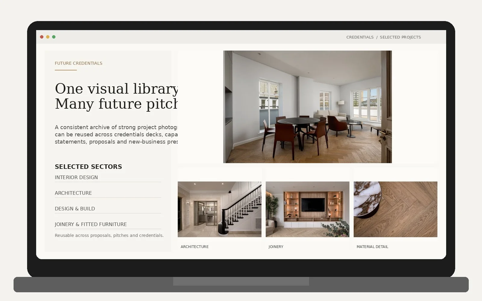 Professional credentials presentation mockup combining interior, architectural, joinery and material-detail photography from completed projects.