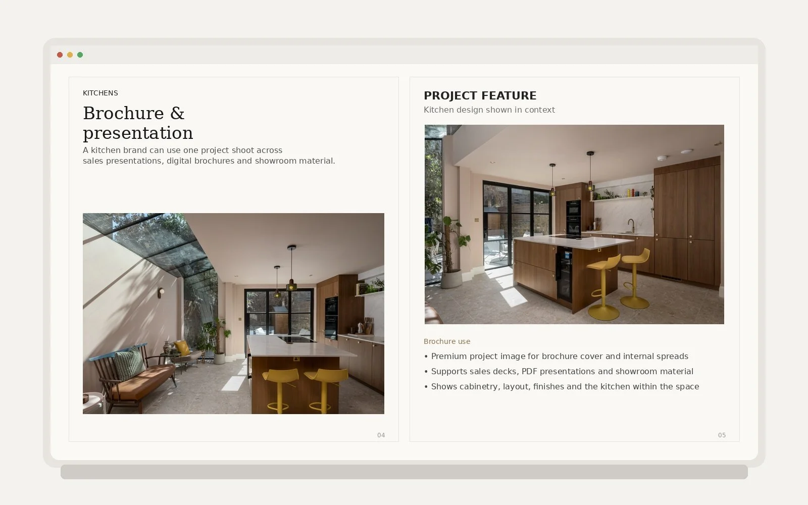 Kitchen brochure and presentation mockup using professional photographs of a contemporary timber kitchen and glazed residential extension.
