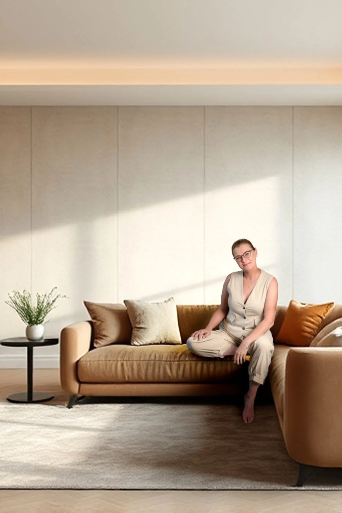 Woman on the sofa in luxury natural interior, in the calm, approachable pose. She is trusted interior and portrait photographer based in Hackney London, helping designers, architects, and creative professionals tell their story.
