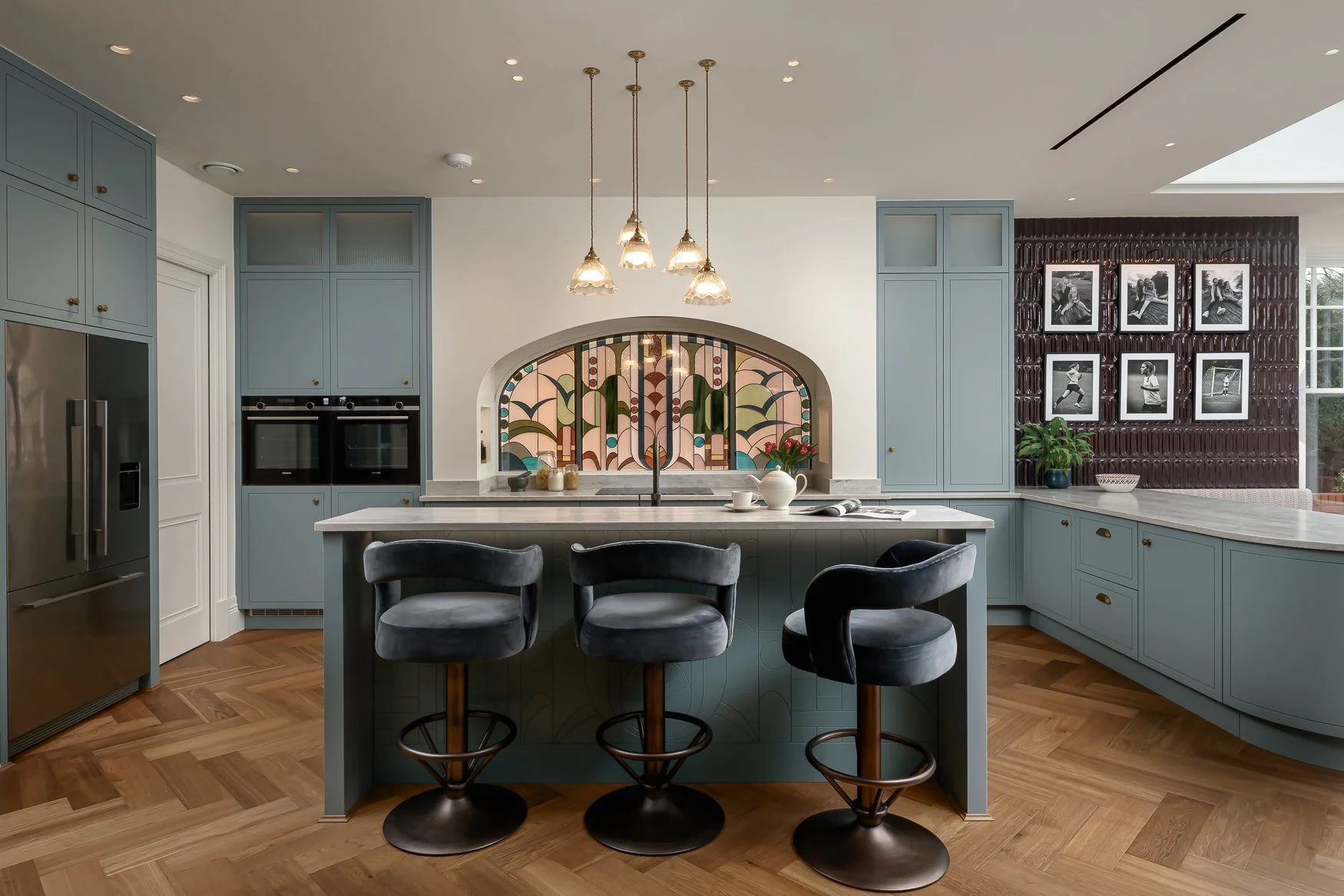 Kitchen Island and Stained Glass Detail
Kitchen island and statement stained glass splashback in a completed JAM Design Works project.