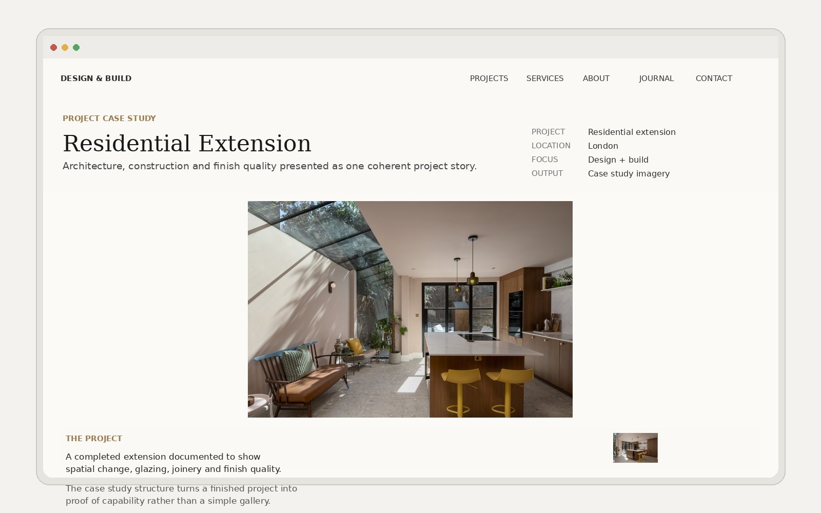 Design and build project case study mockup using professional photographs of a completed London kitchen extension and architectural glazing.
