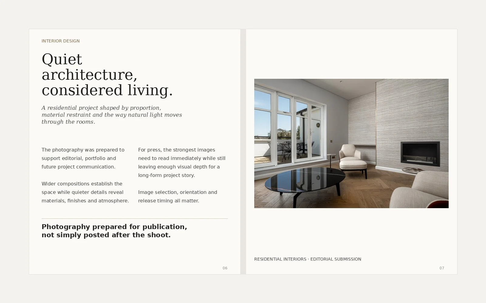 Interior design editorial magazine spread mockup featuring professional photography of a refined residential living space.