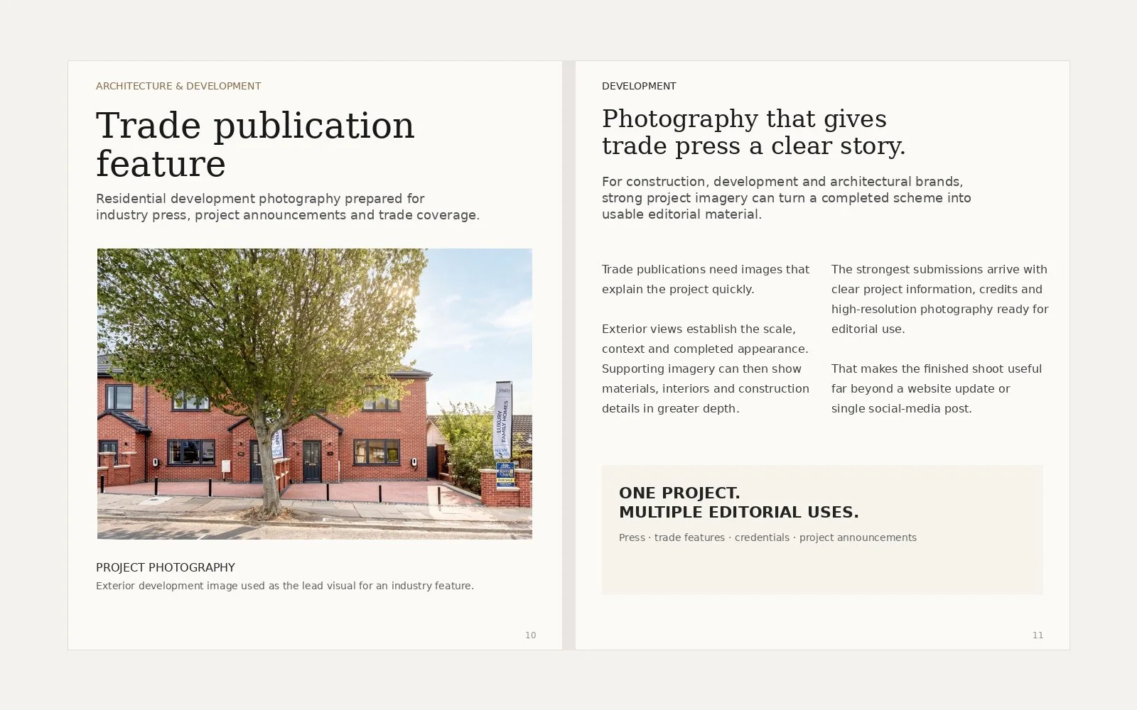 Architecture and development trade publication spread featuring professional exterior photography of a completed residential housing development.