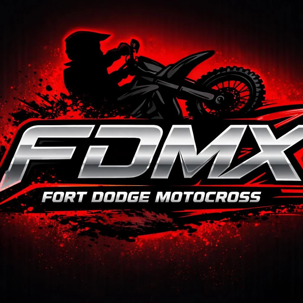 A graphic of a motocross rider on a dirt bike, with the text 'FDMX' and 'Fort Dodge Motocross' on a red and black background.
