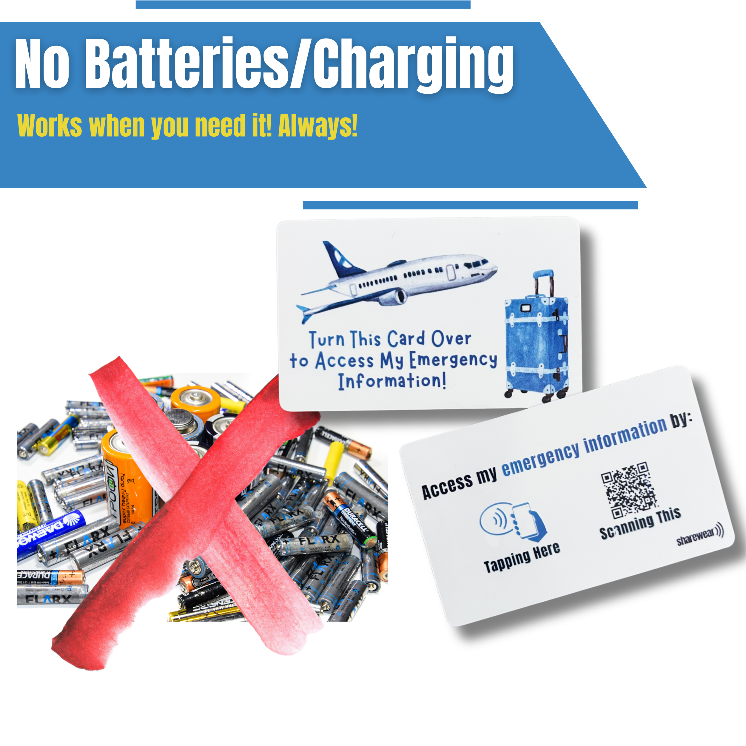 Blue airplane travel safety ID card with QR code and NFC chip, linking to a digital emergency profile without needing batteries.