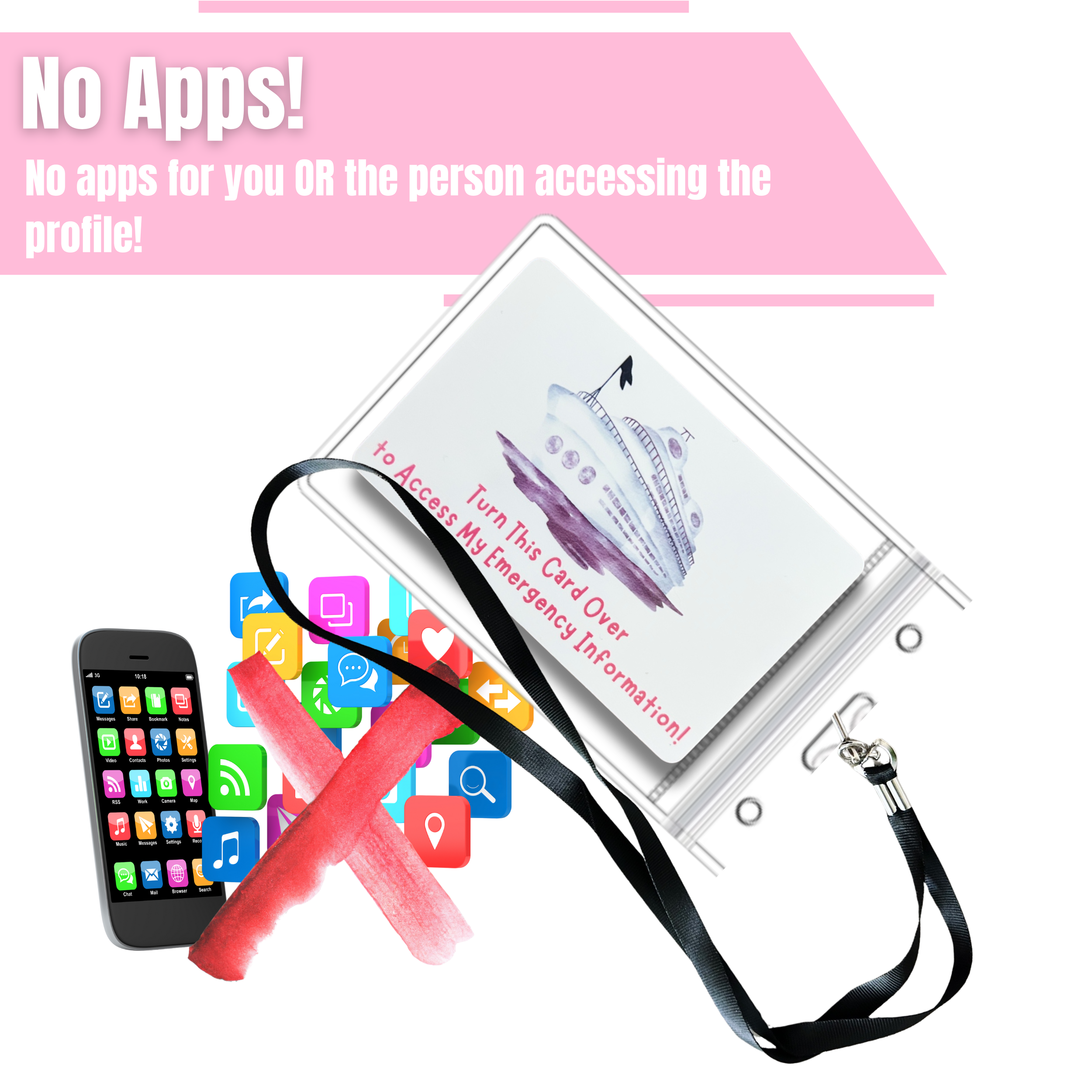 Pink airplane child travel ID card with QR code and NFC chip, connecting to a digital emergency profile with no app required.