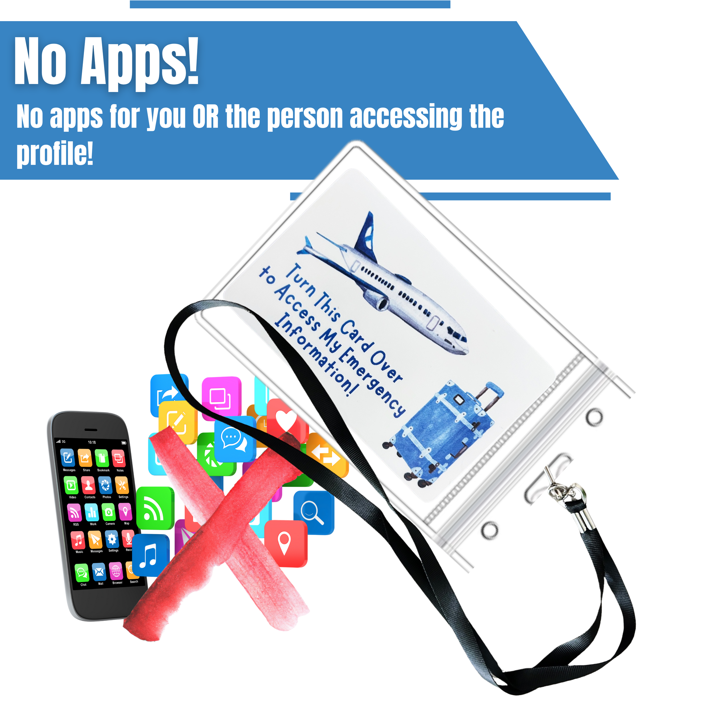 Blue airplane child travel ID card with QR code and NFC chip, connecting to a digital emergency profile with no app required.