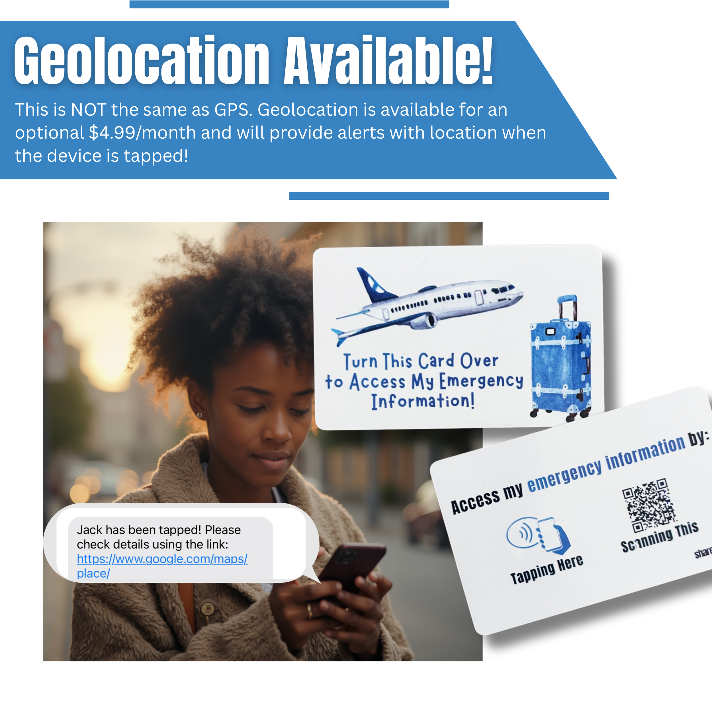 Blue airplane kids’ travel emergency ID card with QR code and NFC chip, connecting to a digital emergency profile with optional geolocation.