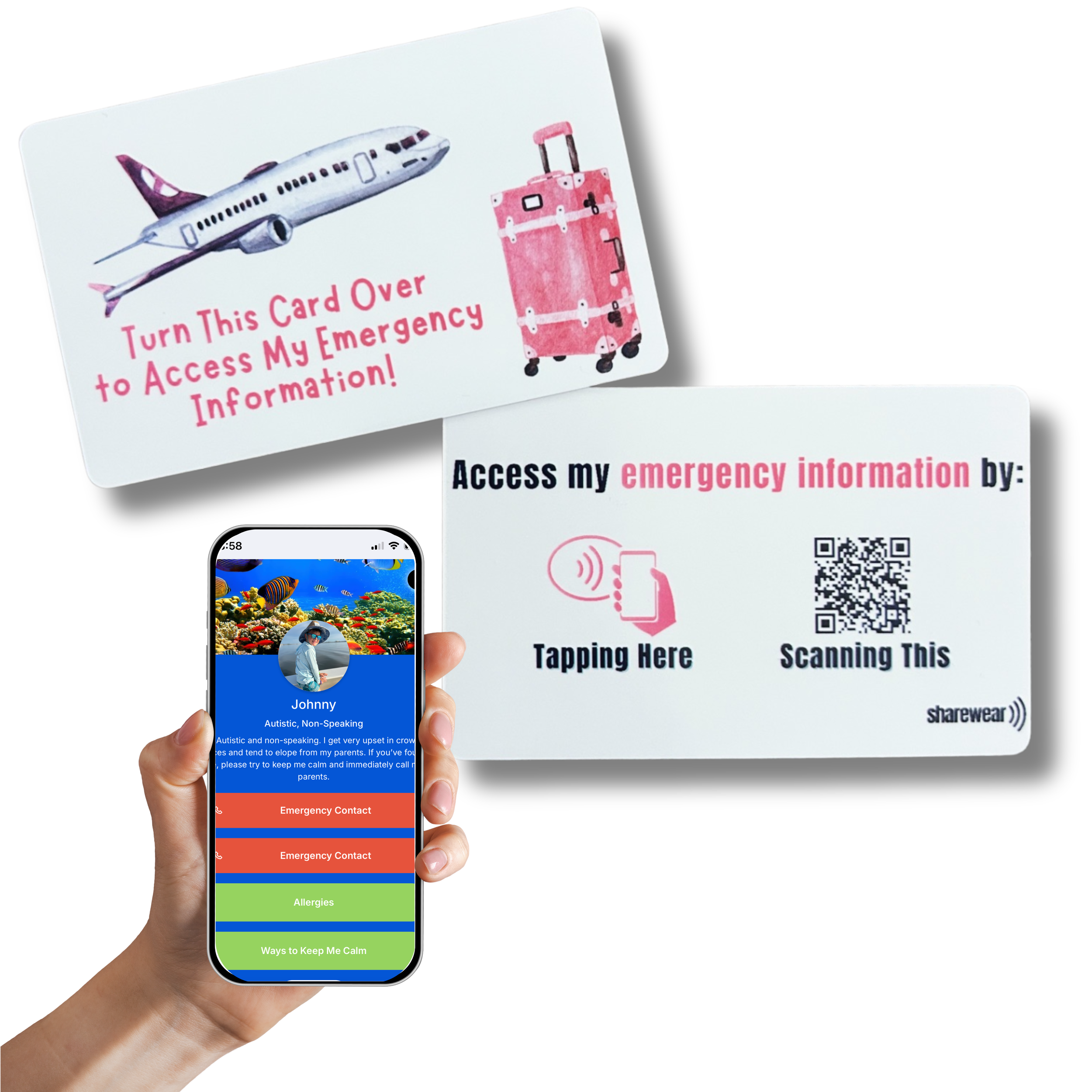 Pink airplane-themed kids’ travel emergency ID card with QR code and NFC chip, attached to a lanyard, linking to a digital emergency profile.