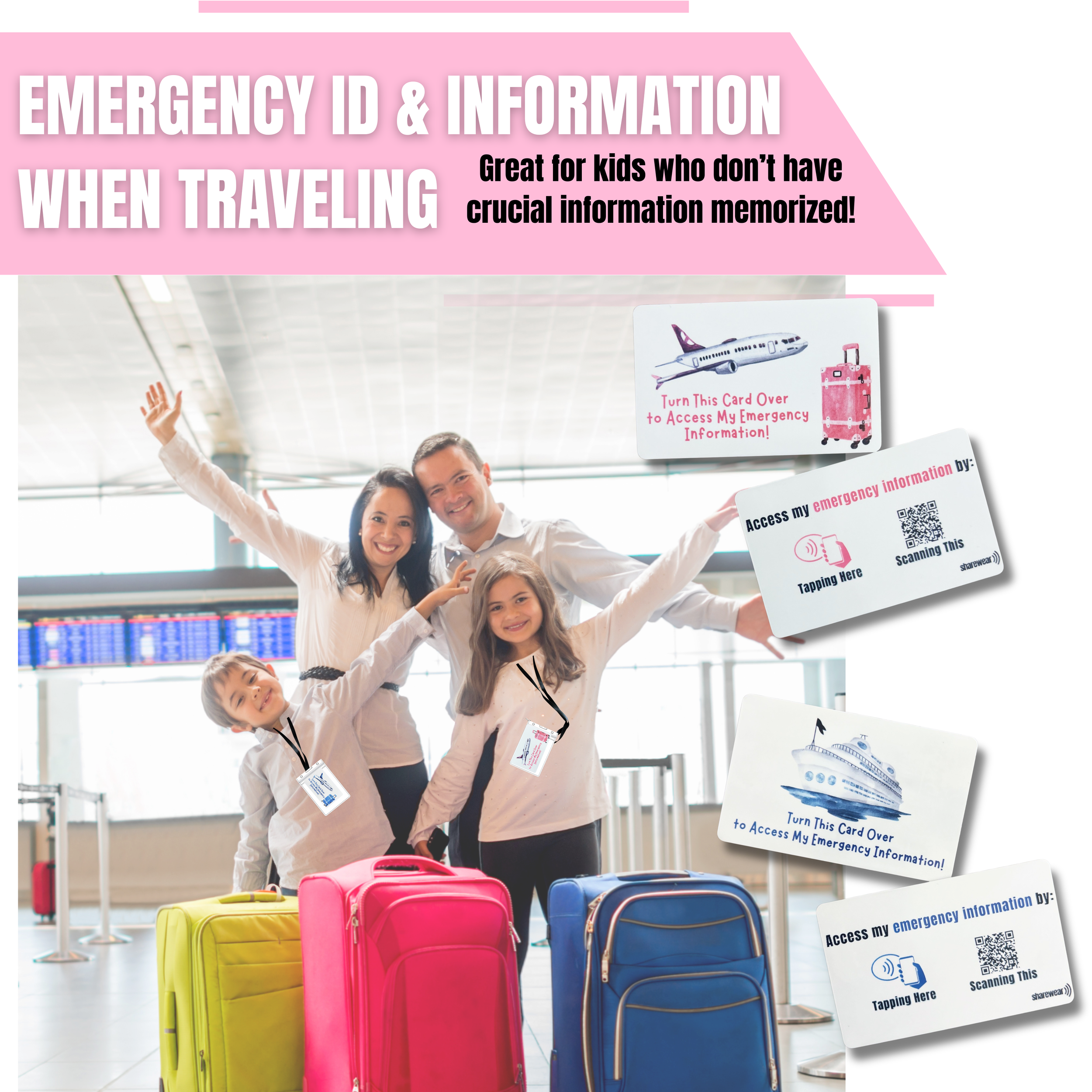Child wearing a pink airplane waterproof emergency ID card for travel, with QR code to connect to a customizable digital emergency profile.