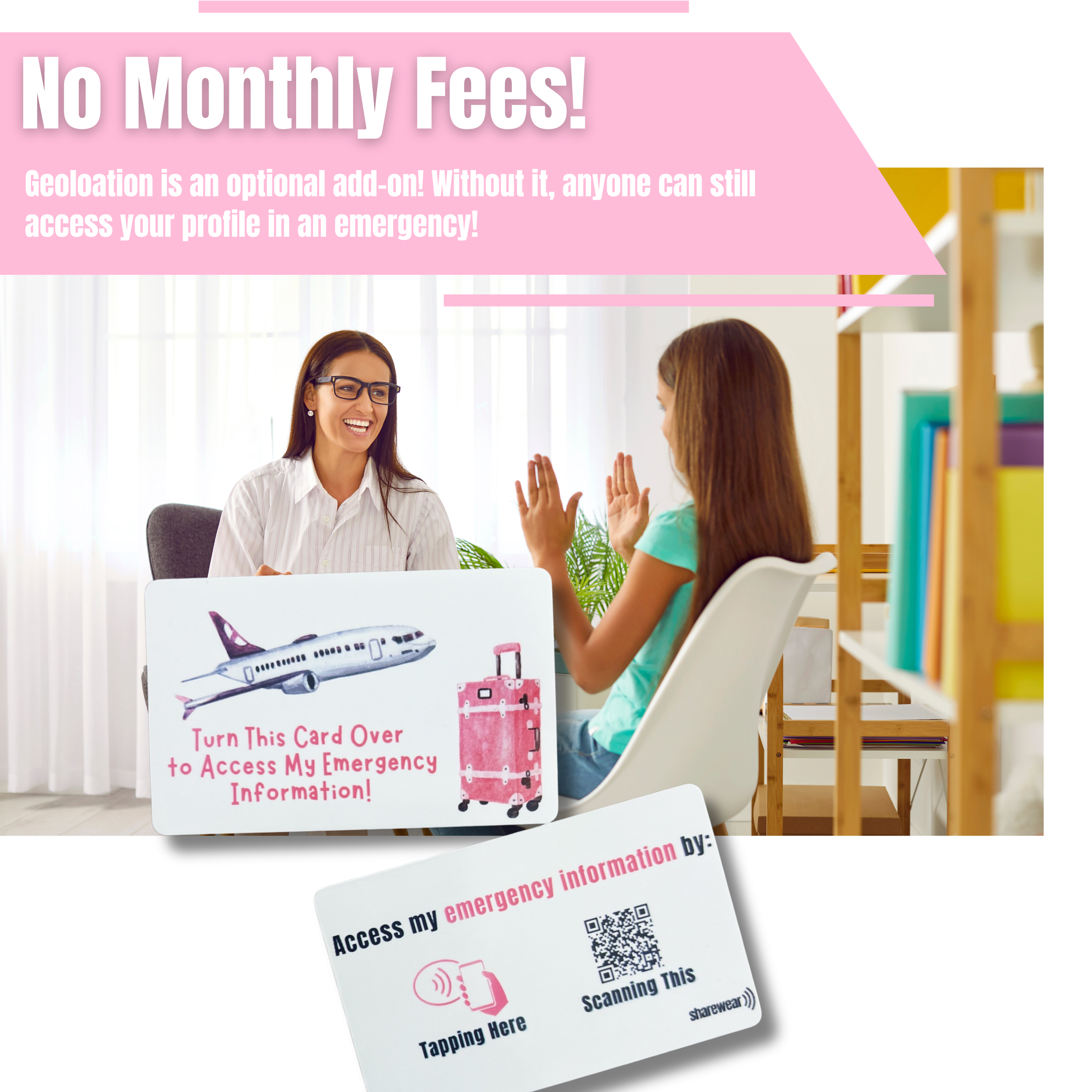 Pink airplane kids’ travel emergency ID card with QR code and NFC chip, linking to a digital emergency profile with no monthly fees.