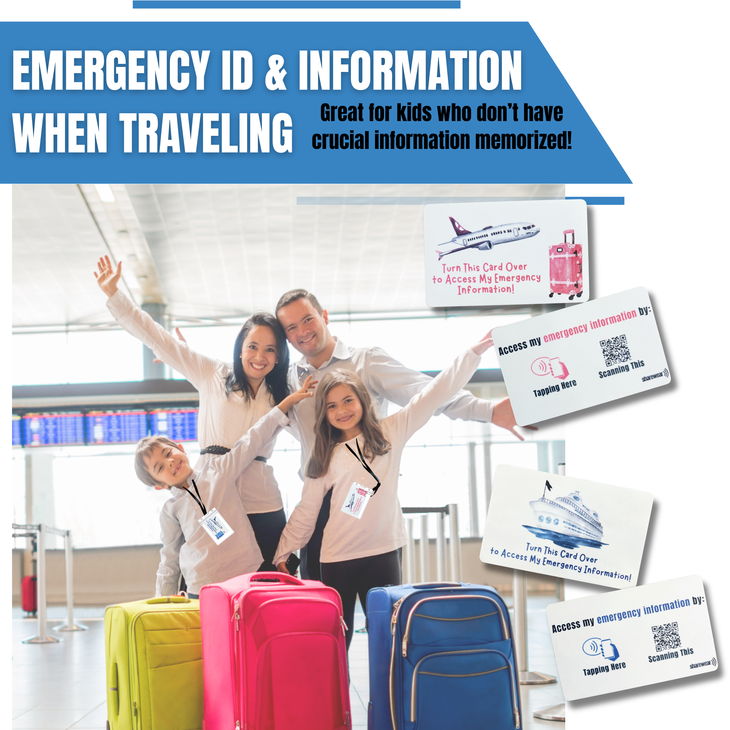 Child wearing a blue airplane waterproof emergency ID card for travel, with QR code to connect to a customizable digital emergency profile.
