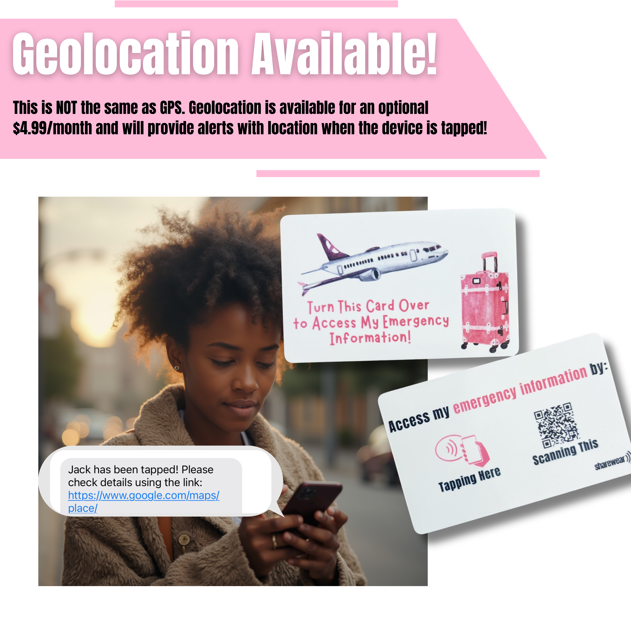 Pink airplane kids’ travel emergency ID card with QR code and NFC chip, connecting to a digital emergency profile with optional geolocation.