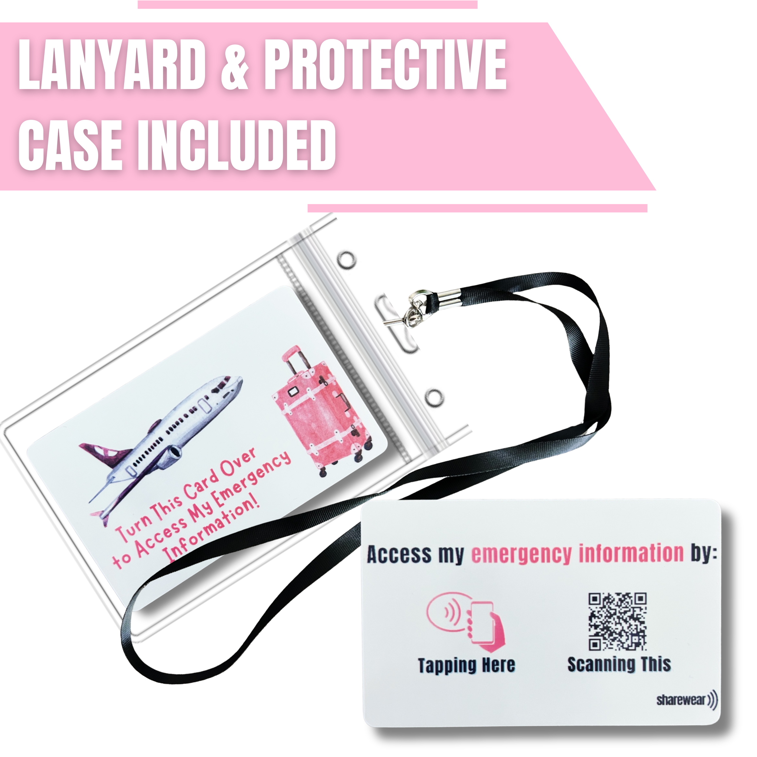 Close-up of pink airplane kids’ travel card showing QR code and NFC chip that instantly link to a secure digital emergency profile.