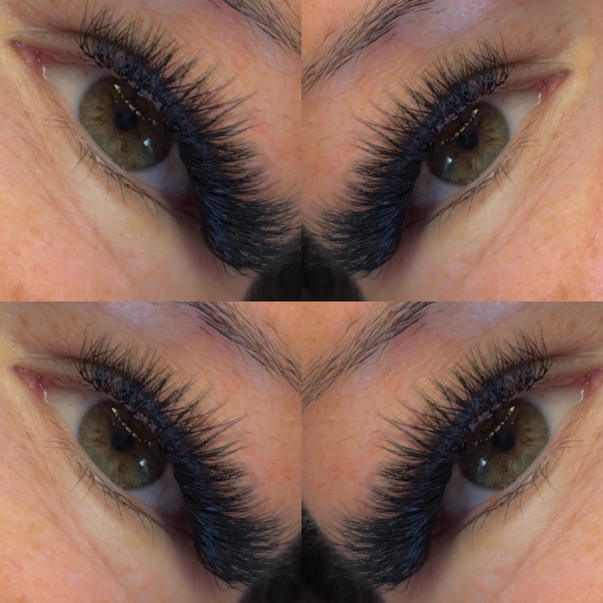 Close-up photo of a professionally applied volume eyelash extension set by a Terre Haute, Indiana lash technician, featuring full, fluffy handmade fans for a dark, dense, and glamorous lash look designed to enhance natural lashes