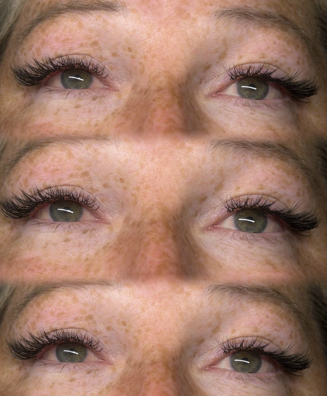 Close-up of a person's face with blue eyes, freckles, and long eyelash extensions, repeated in a mirrored pattern.