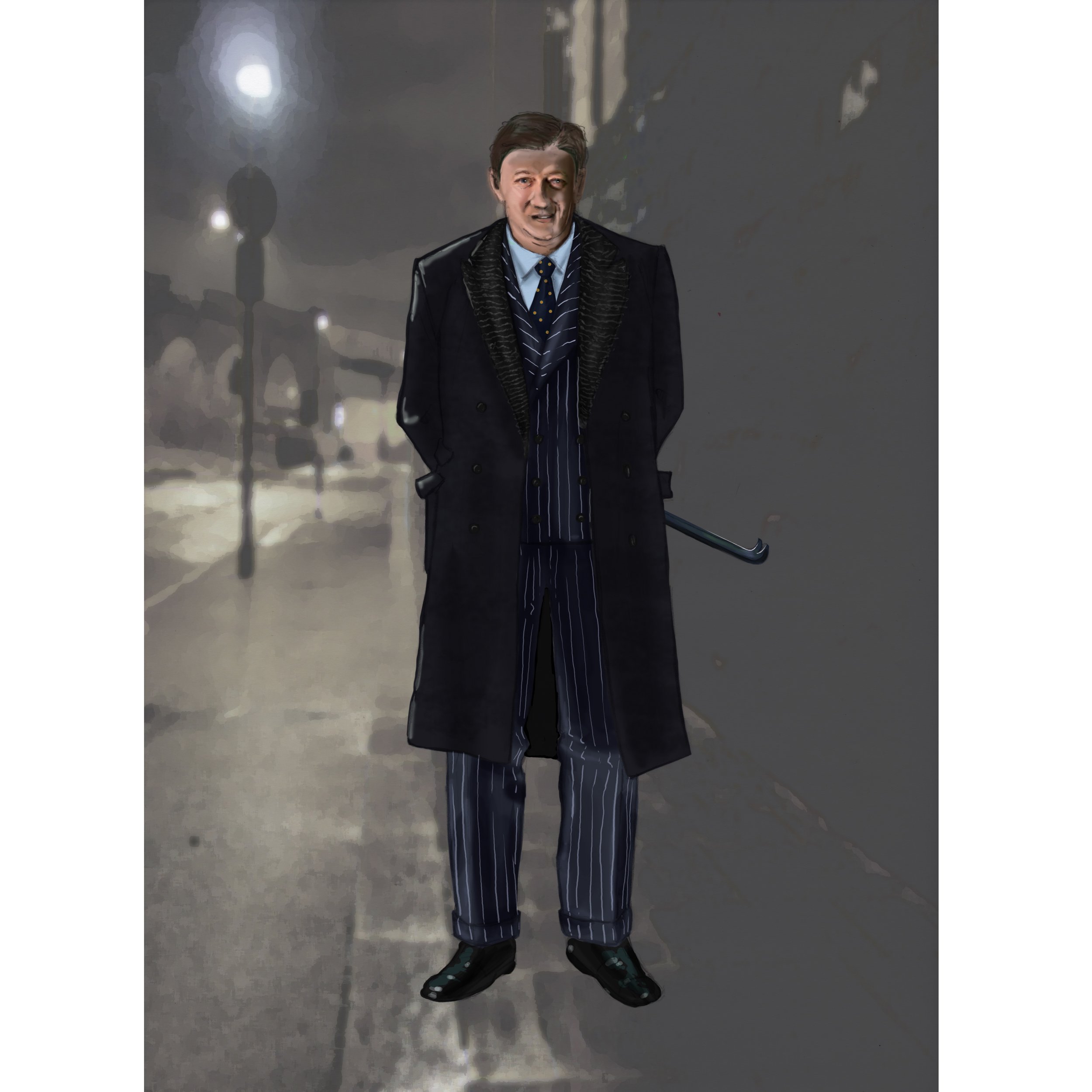  Here is Stephen in an elegant pinstriped suit and astrakhan overcoat that belies the crowbar he’s holding behind his back.  I loved the idea of affable Stephen Fry playing a baddie. 