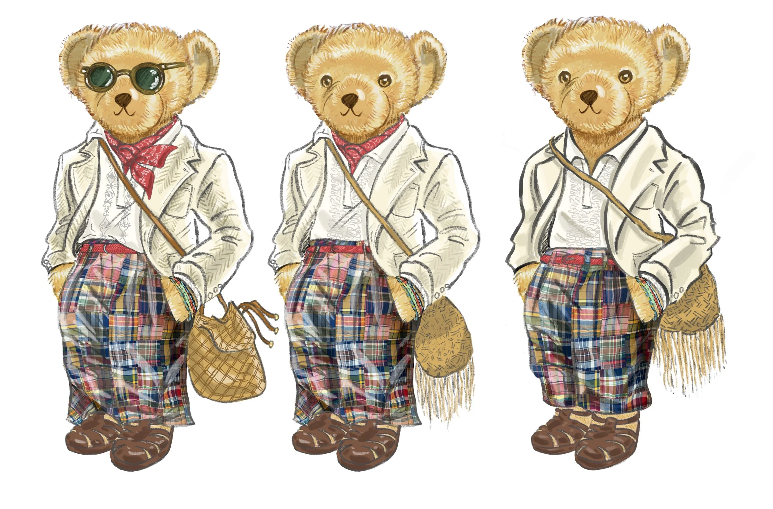  Concept development (from R to L).  Exploring the bag shape, neckerchief, and sunglasses. 