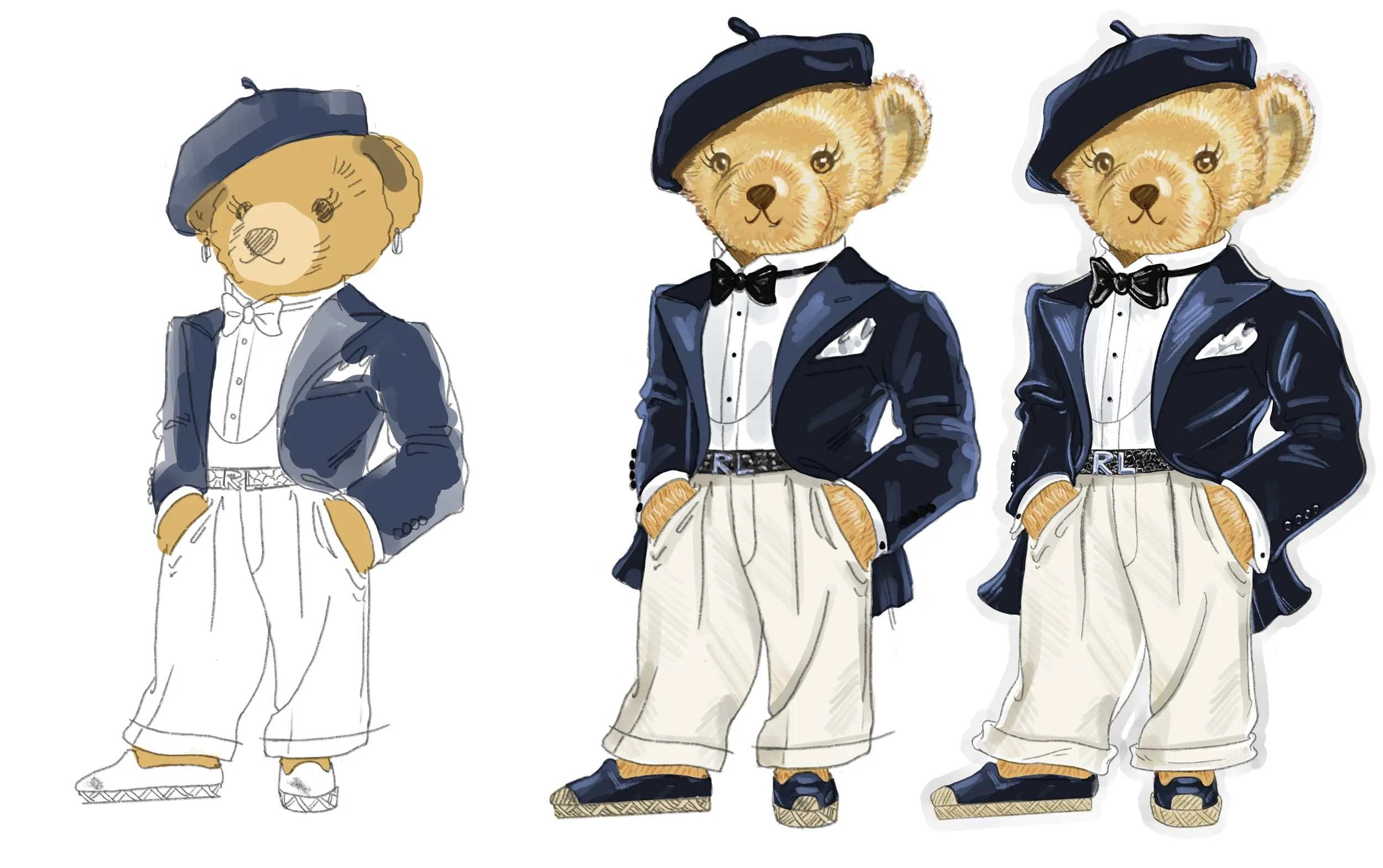  Concept development (from L to R).  Working to make a more dynamic silhouette. 