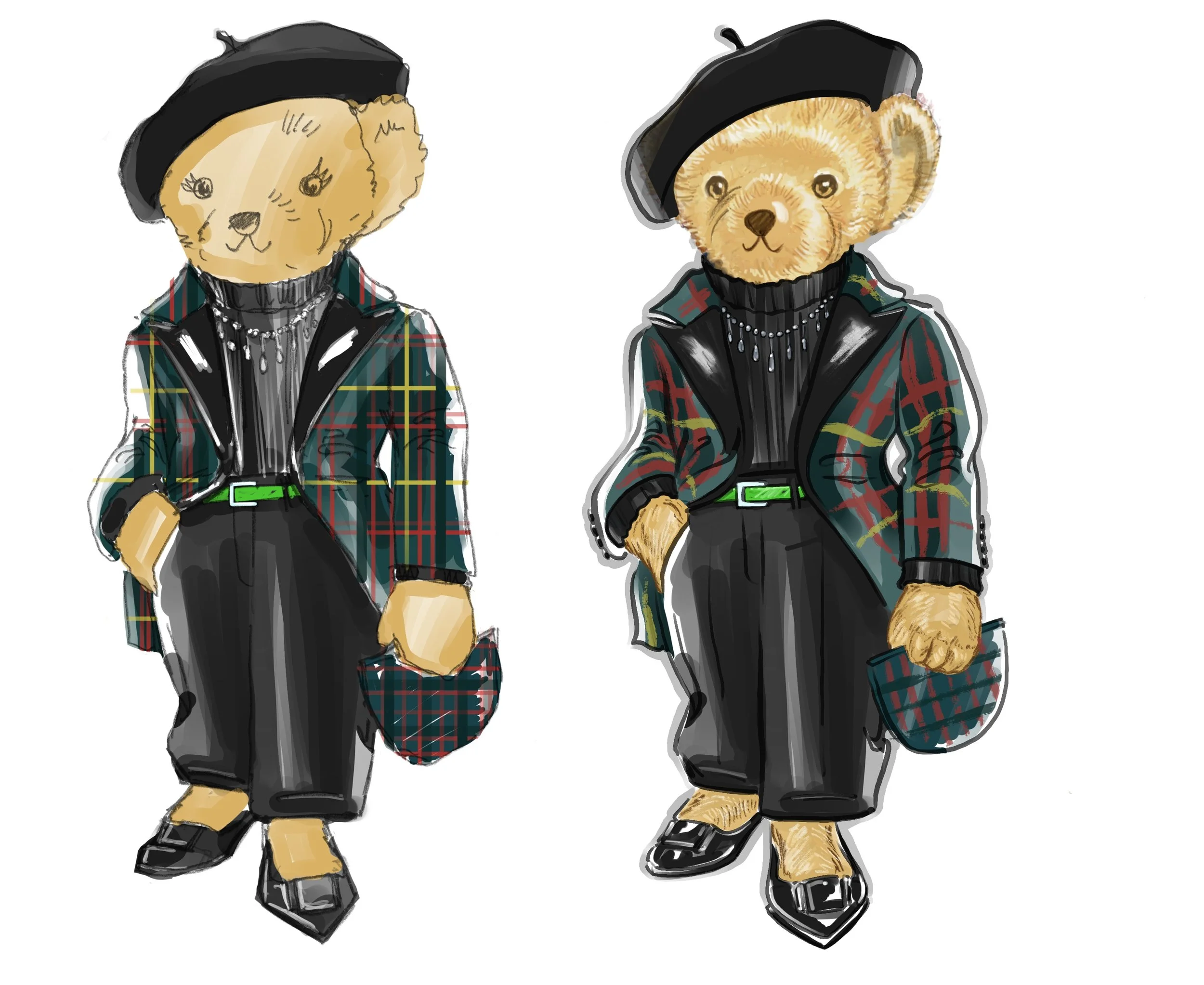  Concept development (from L to R).  Exploring how to best show tartan. 