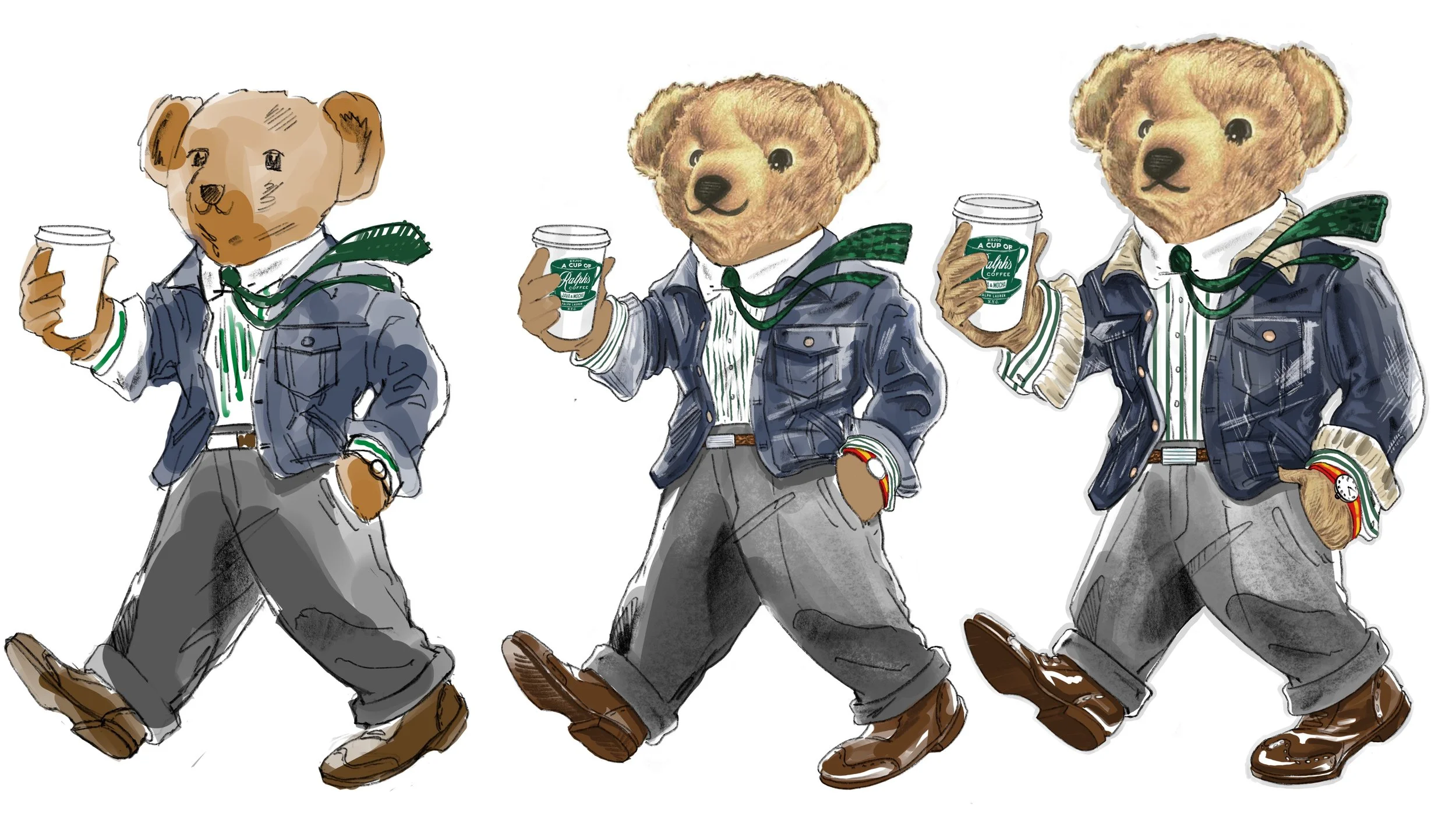  Concept development (from L to R).  Incorporating Ralph’s Coffee into the Bear world. 